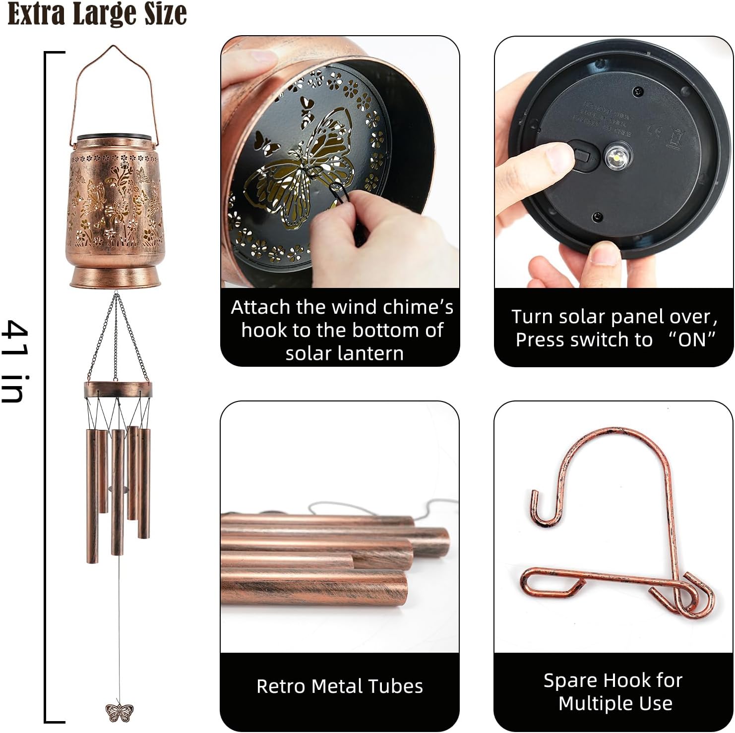 Solar Wind Chimes for Outside 41”, Butterfly Memorial Wind Chimes with Solar Lantern, Metal Hanging Garden Decor, Sympathy Gifts for Mom Grandma Women, Patio Porch Yard