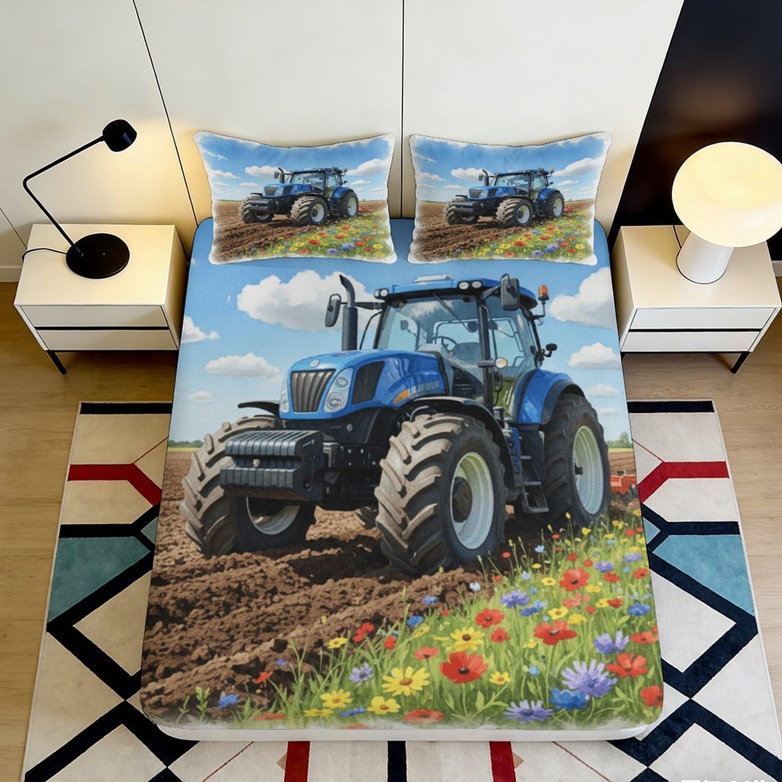 Pnayamiorkfel Style-10 3D Printed Blue Tractor Fitted Sheet Microfiber Non-Slip Farm Field Mattress Cover For Bedroom Dorm Decor Machine Washable 90X200x25cm