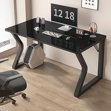 Tempered Glass Computer Desk, Modern Study Writing Desk Sturdy Gaming Desks with Glass Top & Metal Frame for Home Office Workstation39x24x29.5inch, Black A