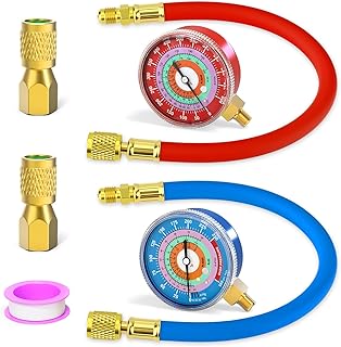 MEANLIN MEASURE 1/8"NPT Refrigeration Pressure Gauge, 30inHG-250Psi & 0-800Psi, R-404A R-22 R-410A Degree F, 2-3/4" Dial with 1/4" SAE Refrigerant Charging Hose and Low-Loss Quick Coupler, Lower Mount