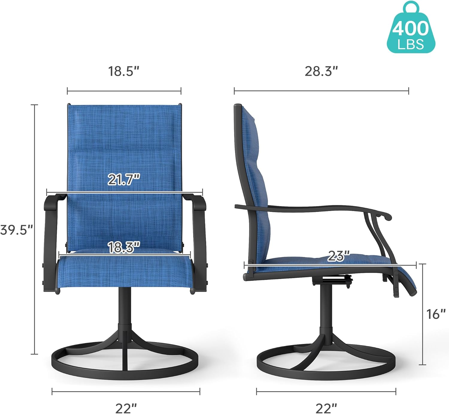Murago Outdoor Patio Swivel Dining Chairs Set of 2, 360 Swivel and All Weather Rocking Chair with Padded Textilene Mesh Fabric and Rust Proof Steel Frame, 400 Lb. Capacity, Blue