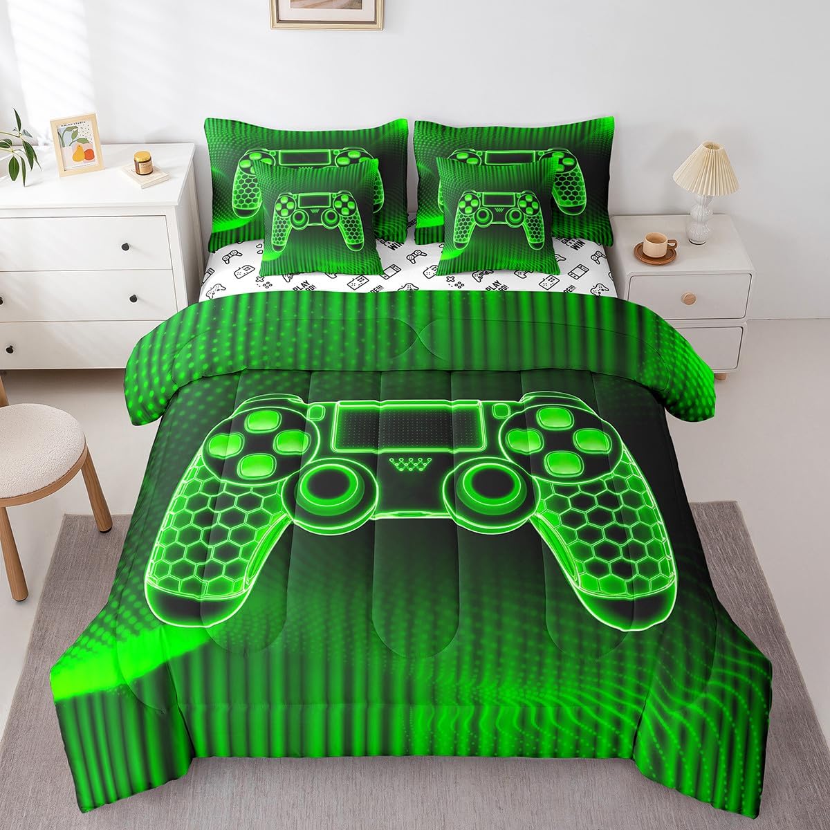 Castle Fairy Gaming Bedding Set 7 Pieces Full Size Boys Kids Teen Geometric Line Game Console Comforter with Sheet Set for Game Room Decorations Gamer Gamepad Reversible Quilt Set, Green