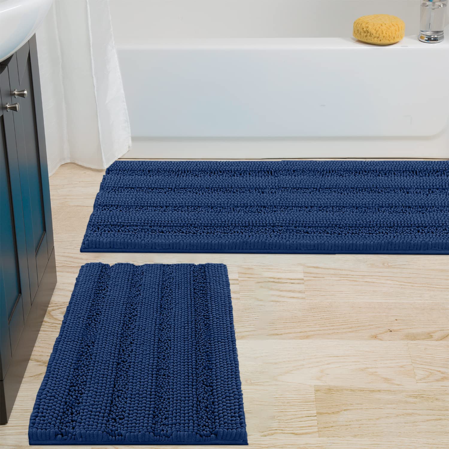 zebrux non slip thick shaggy chenille bathroom rugs, bath mats for bathroom extra soft and absorbent - striped bath rugs set for indoor/kitchen (15 x 24 + 27 x 47'', blue)
