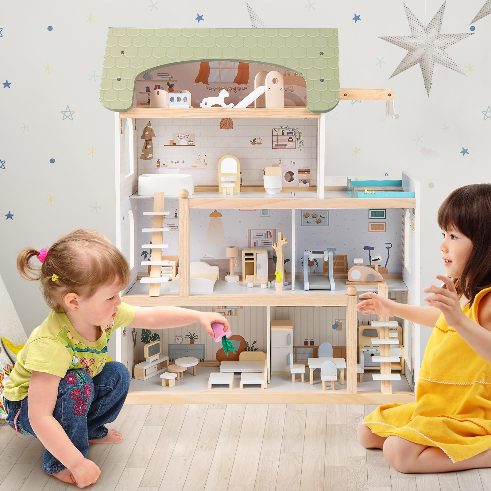 HOMASIS Casa de Muñecas de Madera con Muebles y Accesorios Completos, Casa de Muñecas con 3 Plantas y Muchas Habitaciones, Juego de Simulación para Niños de 3+ Años (Estilo 2)