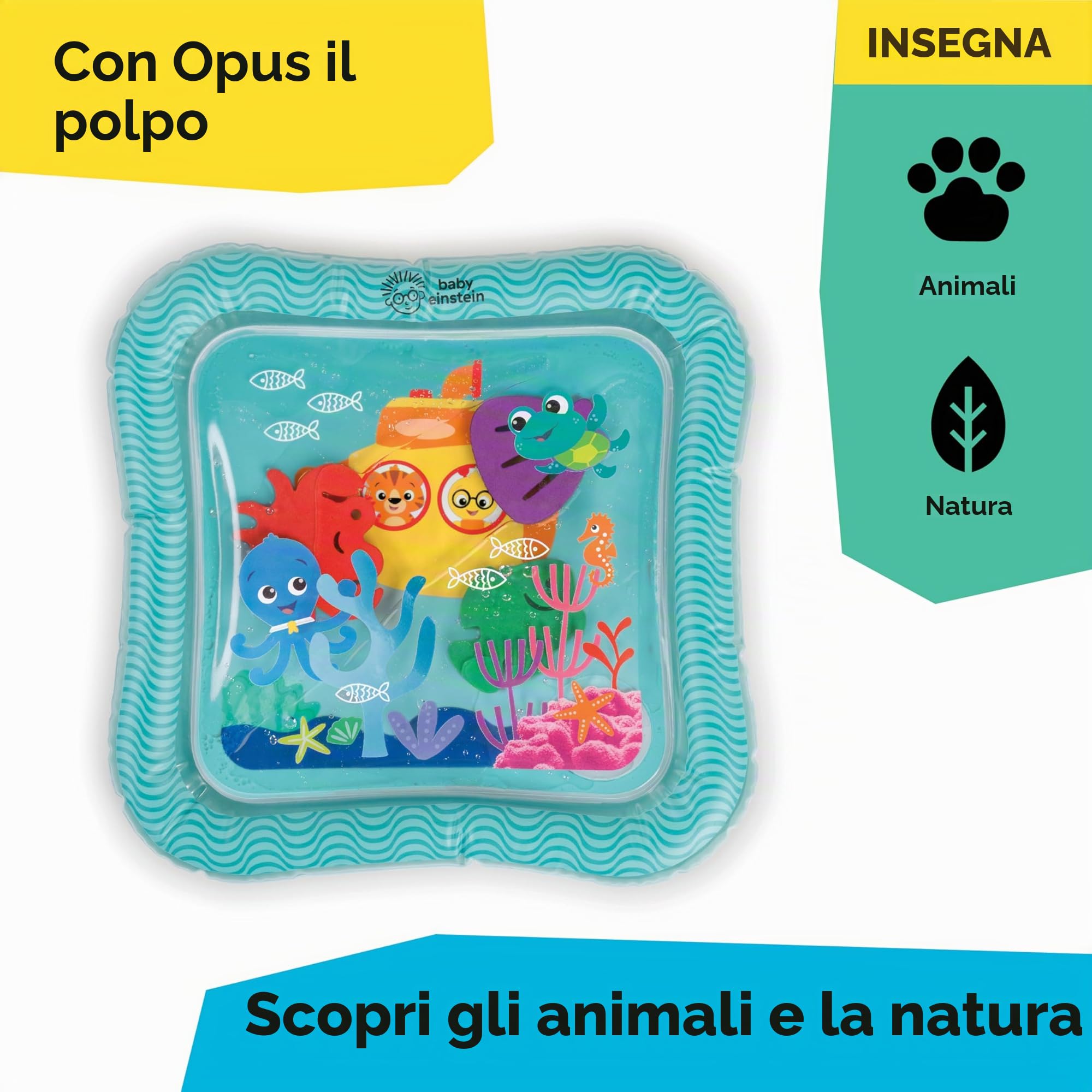 Baby Einstein, Tappetino d'acqua Sensory Splash Ocean Explorers, per giocare a pancia in giù o da seduti, 0-36 mesi