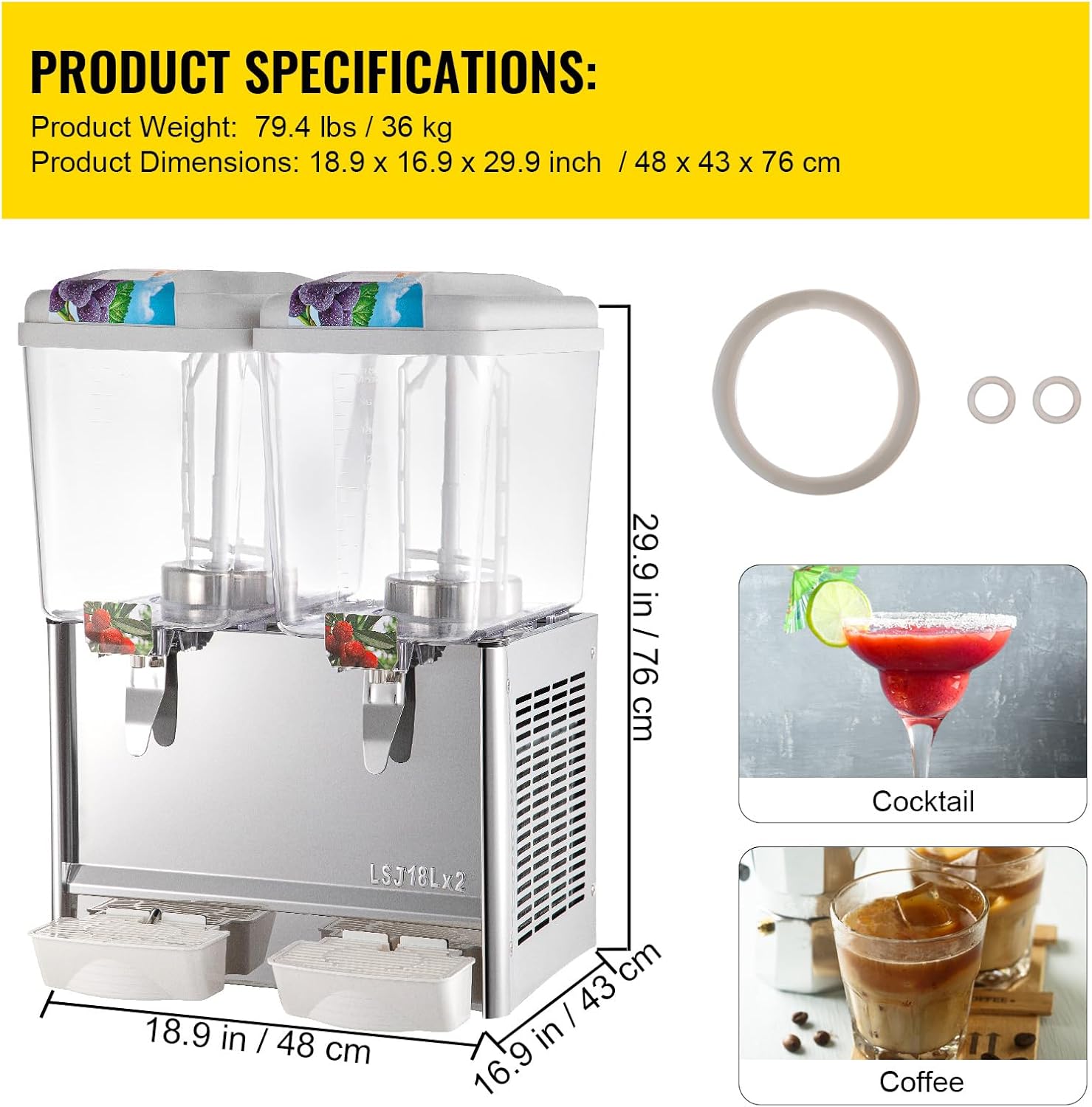 Diagram showing product specifications including weight, dimensions, and examples of drinks like cocktail and coffee.