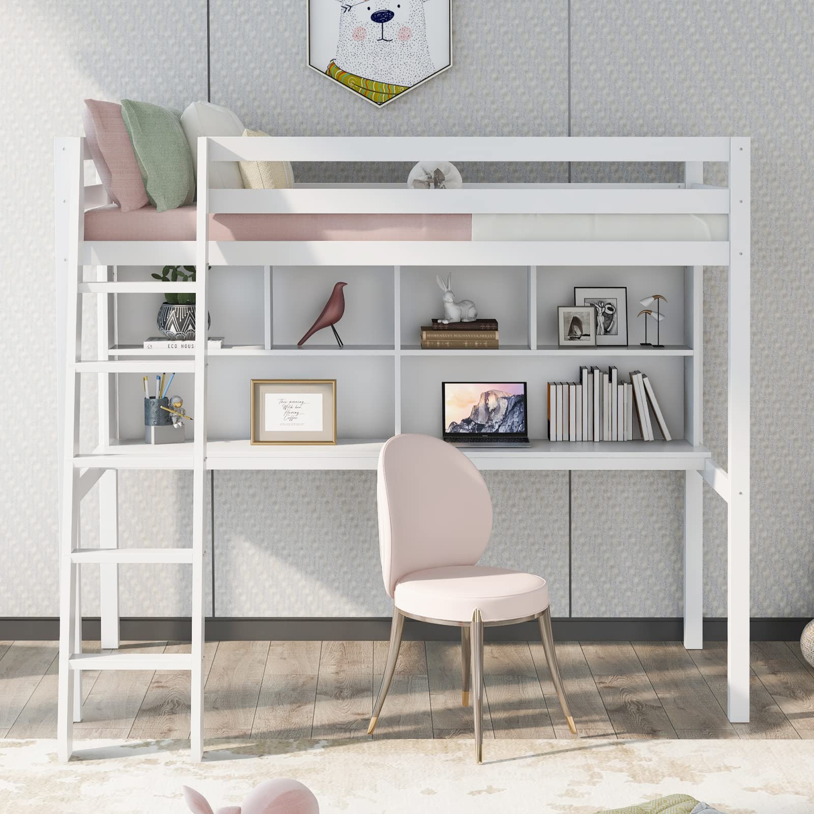 3ft Single Bunk with Shelves and Desk Bed Solid Pine Wood Kids Loft Bed