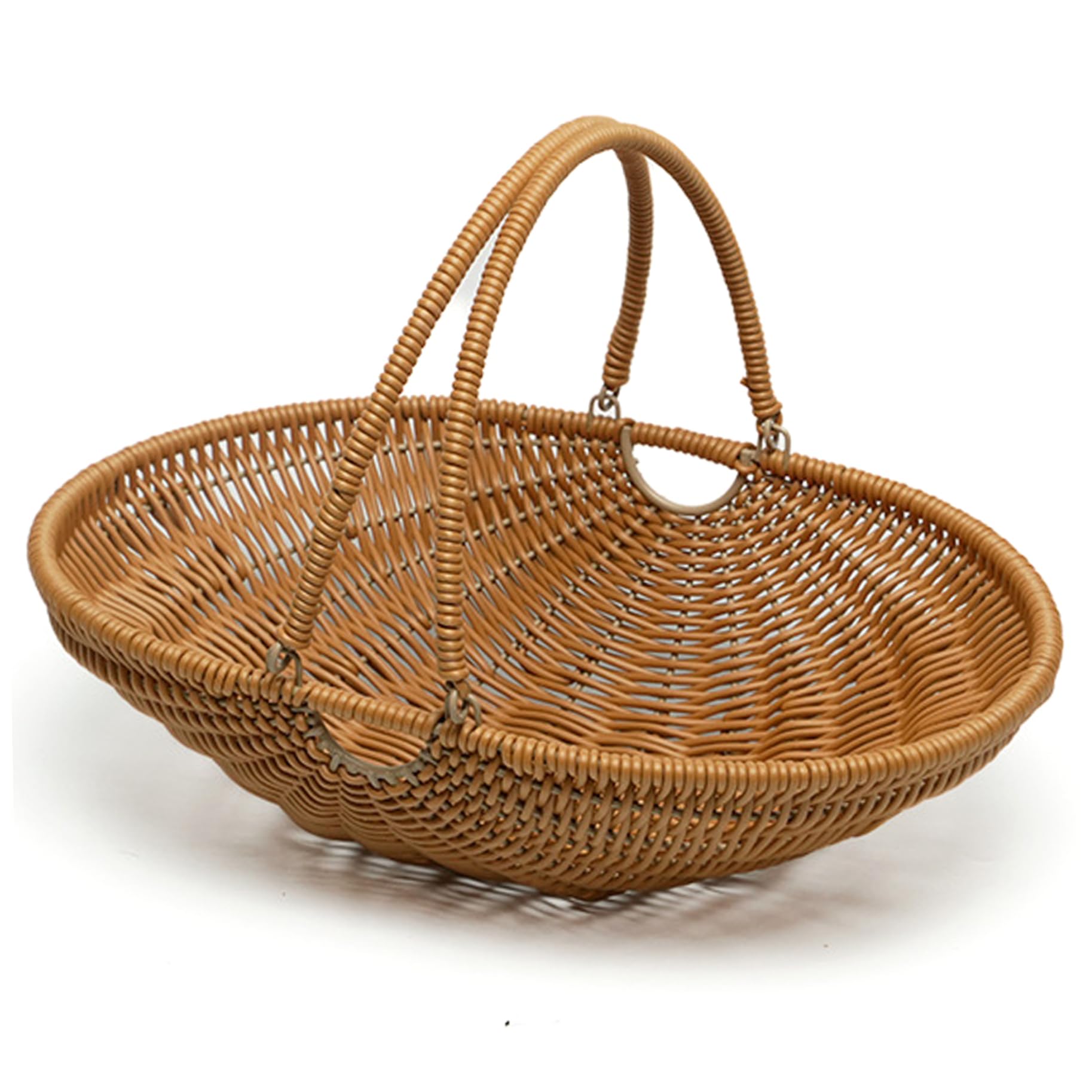 Uanqfegy Brown Harvest Basket For Garden Vegetables, Large Pp Woven Gathering Basket With Foldable Handle For Picnic Farm Kitchen Storage Home Decor