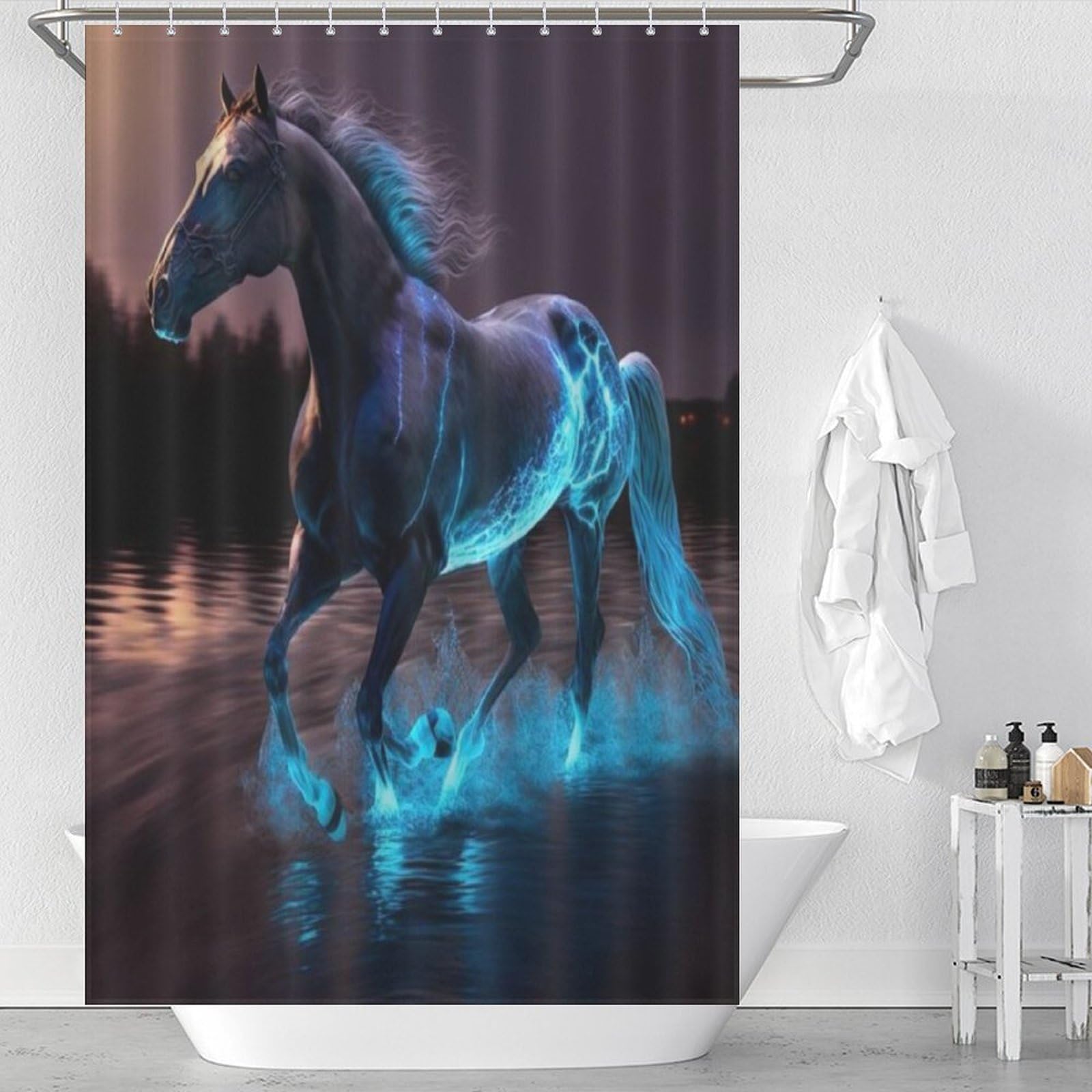 Rideau de douche cheval anti-projections en tissu polyester lavable avec 12 crochets