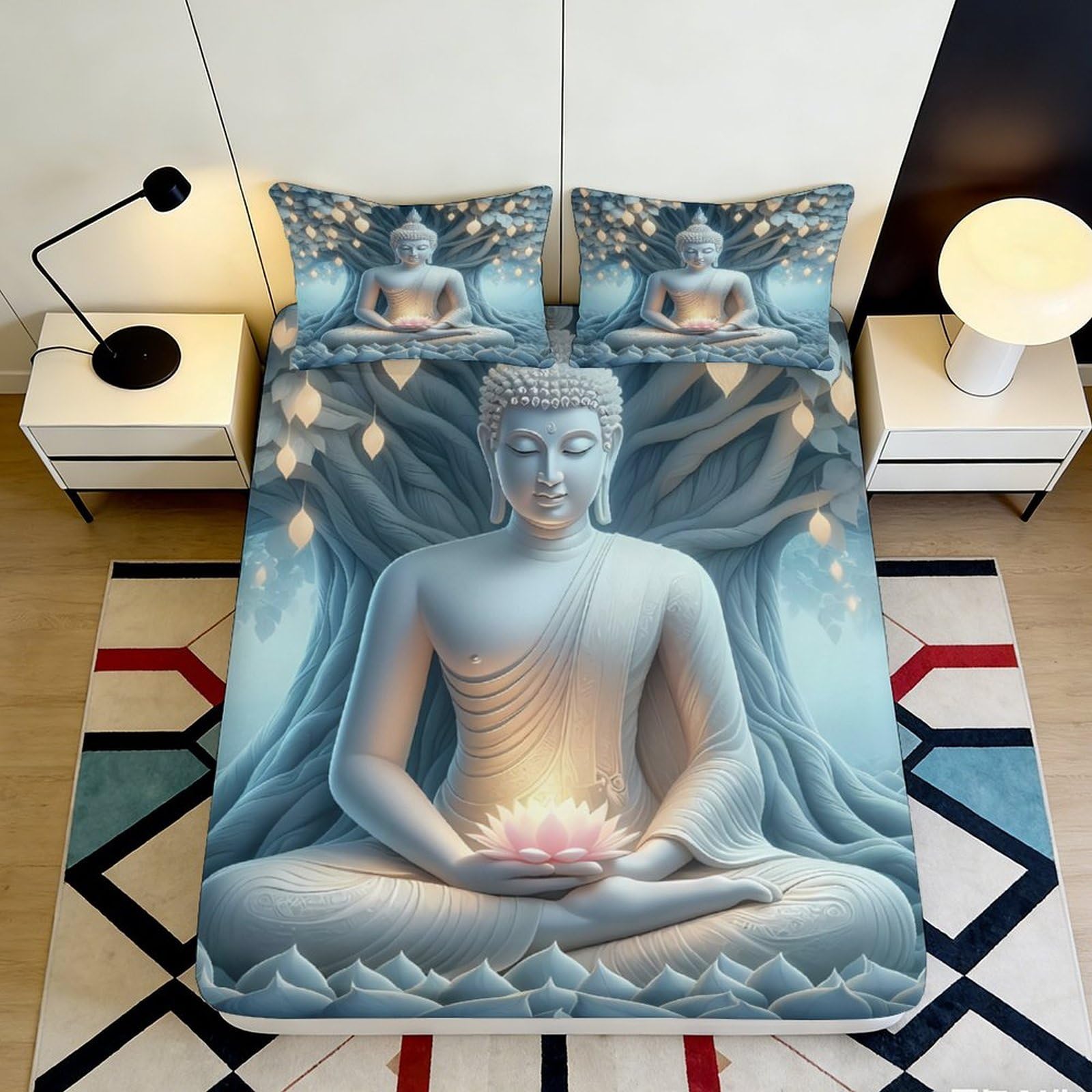 3D Printed Buddha Tree Fitted Sheet Microfiber Anti-Slip Mandala Lotus Bed Cover for Bedroom Guest Room Decor Easy Care 90x200x25cm