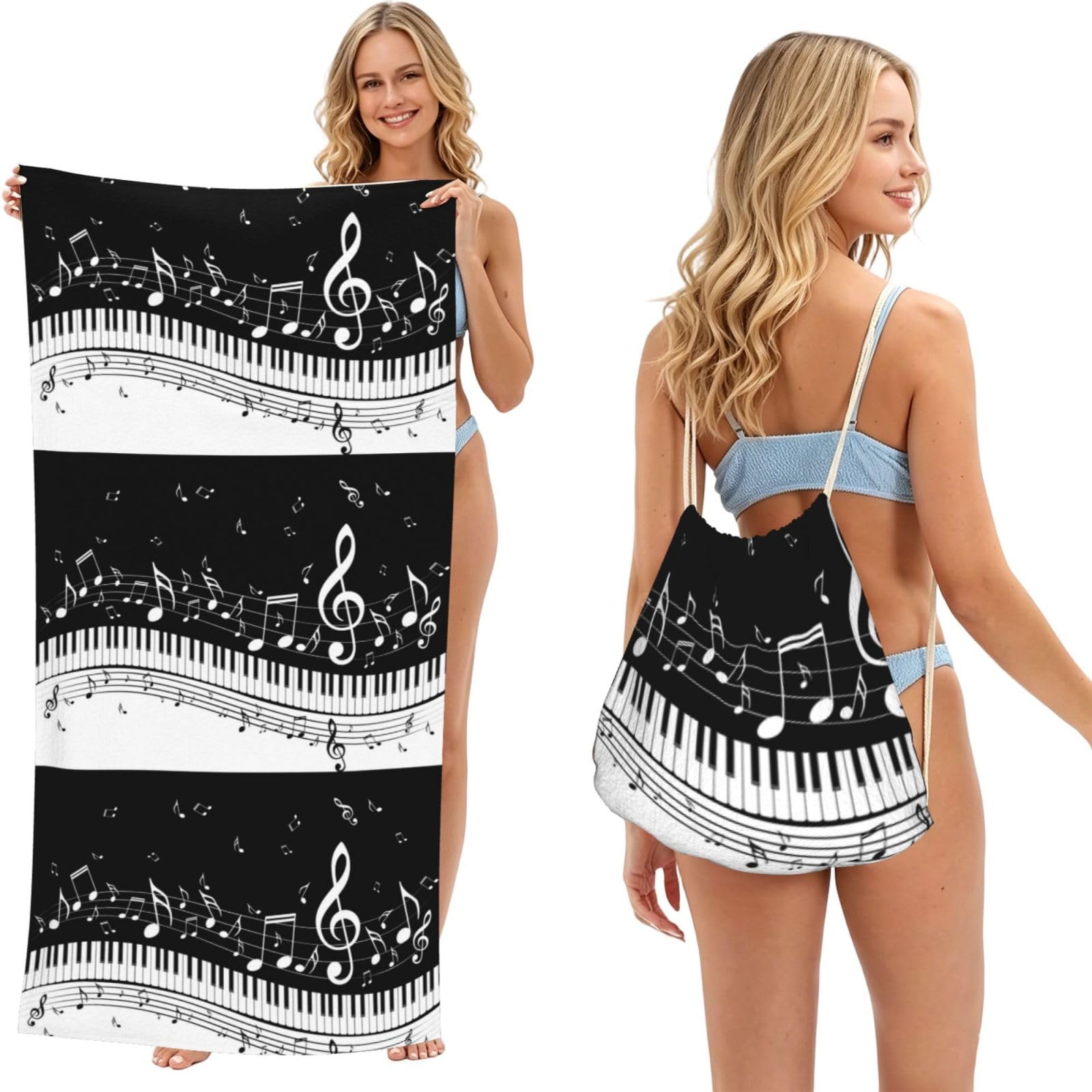 Poadnly As Picture Piano Key Notes, 2 In 1 Packable Towel Bag, Beach Towels With Drawstring Backpack For Travel Holiday Camping