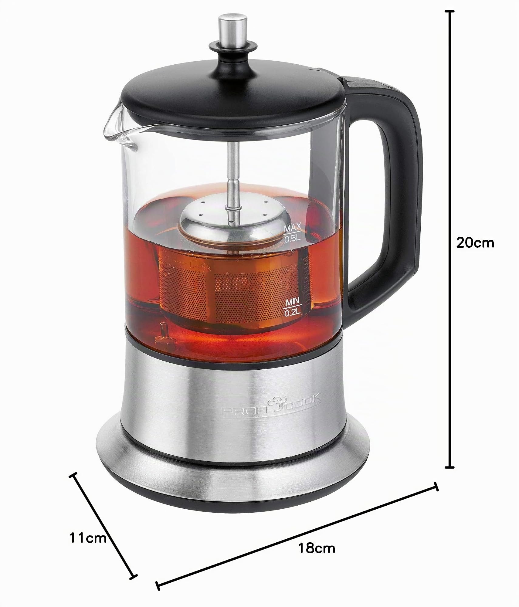 Profi Cook PC-TK 1165 1165-2 - Hervidor de agua y té (filtro permanente de acero inoxidable, 0,5 L, función de mantenimiento en caliente, carcasa de cristal y acero inoxidable), color negro y plateado