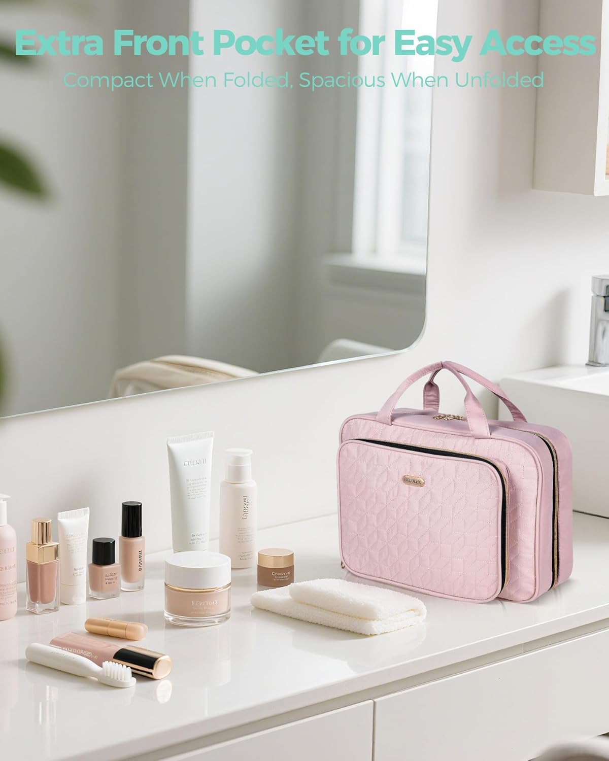 Travel Hanging Toiletry Bag for Women, Water-Resistant Cosmetic Organizer with 4 Compartments & 360° Swivel Hook, TSA-Approved Makeup Bag for Shampoo, Full Sized Container, Toiletries (Pink) - Image 3