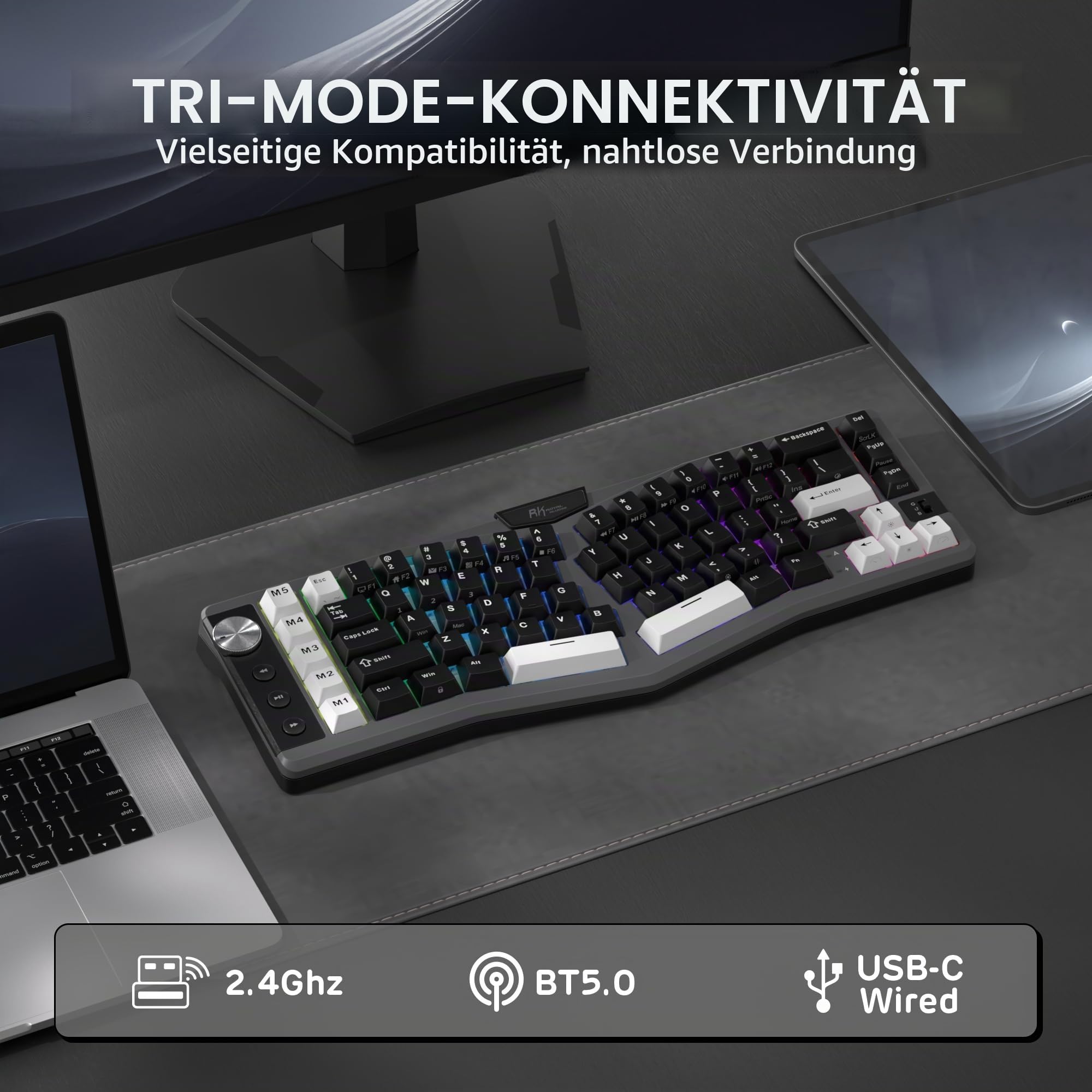 RK ROYAL KLUDGE A72 Alice ergonomisch kabellos mechanische Tastatur, QWERTY | Dichtung RGB-Gaming-Tastatur Makrotasten/Tastbares Typenschild, BT/2,4G/USB-C, 5-lagige Geräuschdämpfung, Win/Mac-Software