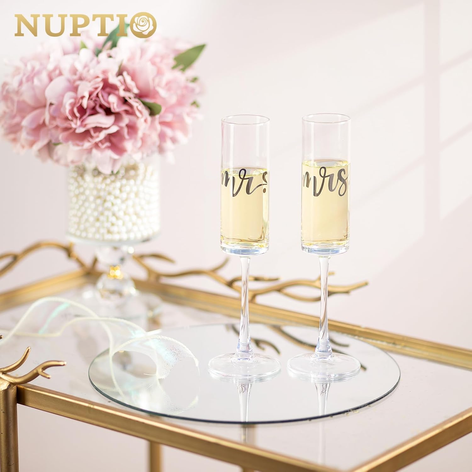 NUPTIO Champagne Glasses Mr Mrs: Set of 2 Wedding Gift Engraved Flutes Prosecco Silver His Hers Personalised Present Clear Couple Groom Bride Engagement Anniversary Valentines Birthday