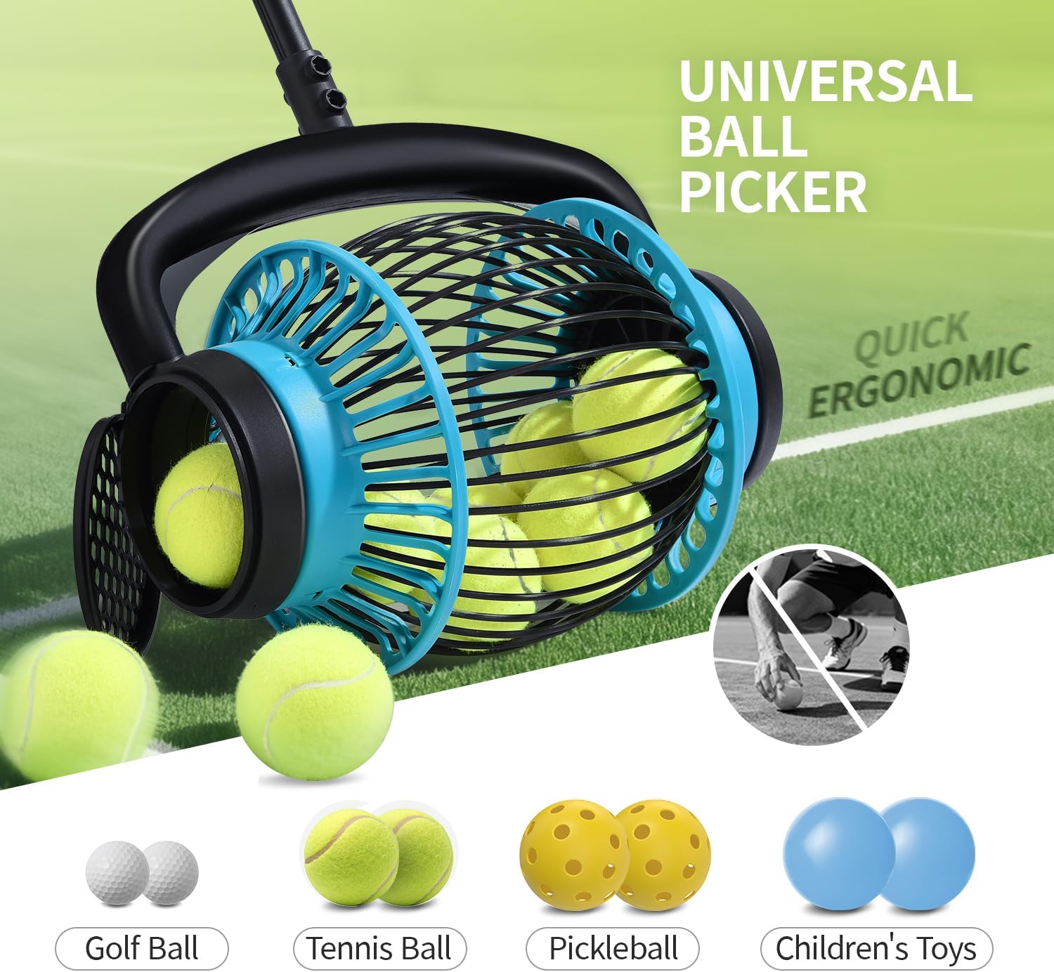 Tennis Ball Hopper Roller, Portable Tennis Ball Collector, No-Bend Tennis Hopper, Quick-Rolling Tennis Ball Picker Upper, 26-51" Telescopic Golf Ball Retriever