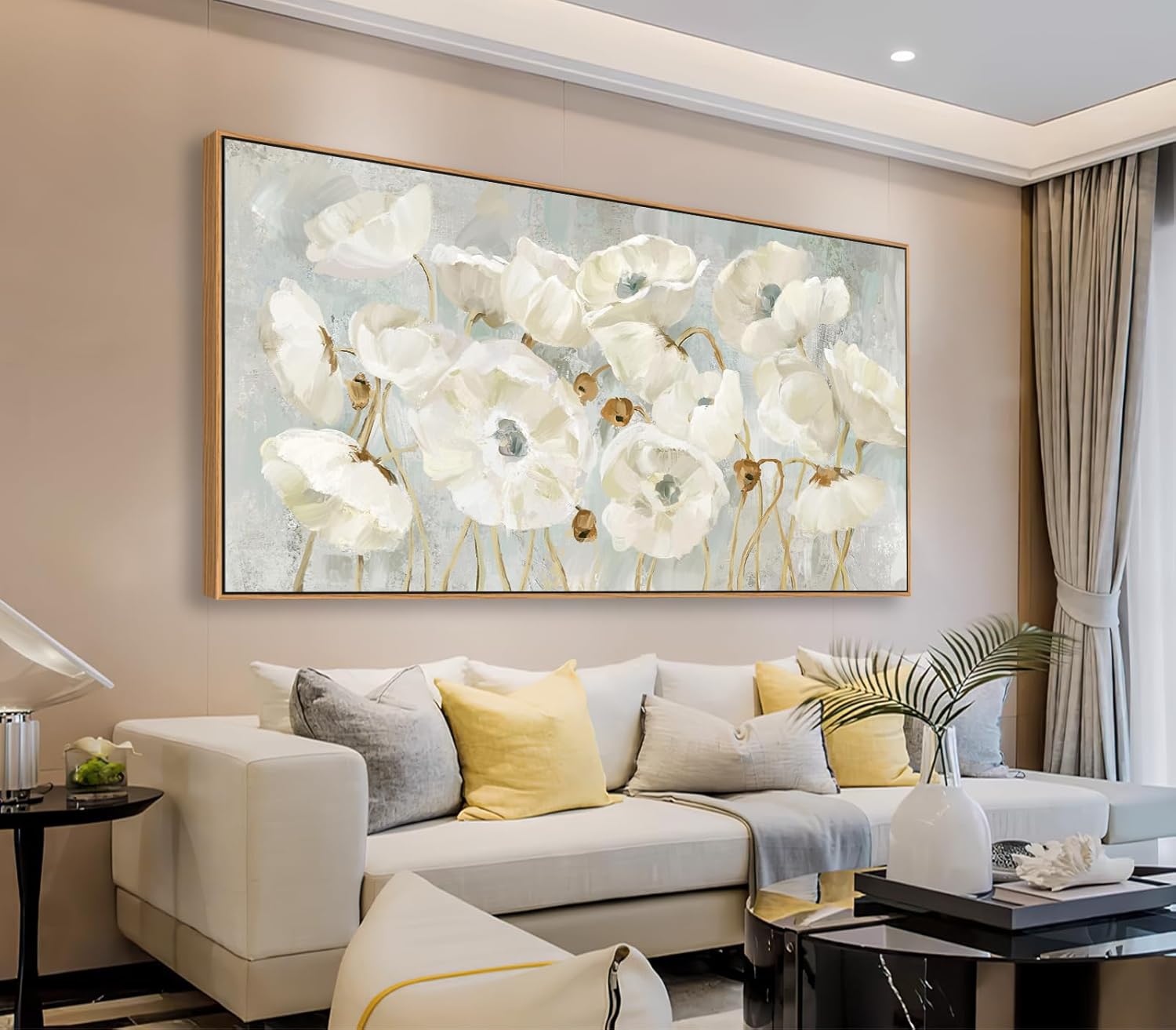 Abstract Flowers Canvas Wall Art - Float Framed Cream White Abstract Canvas Pictures Floral Prints Living Room Decor Grey White Bouquet Canvas Artwork for Bedroom Home Office Kitchen Decor 20" x 40"