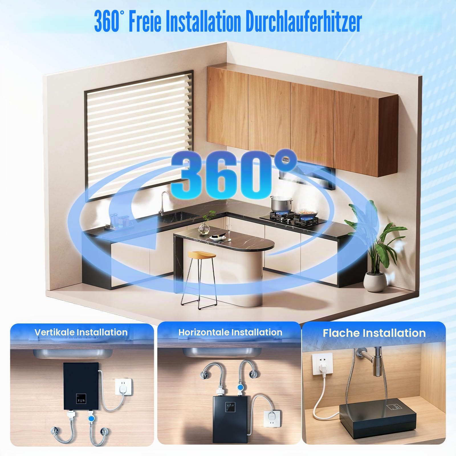 Durchlauferhitzer Klein 5500W 230V, Elektrischer Durchlauferhitzer 30-55℃ einstellbar, Mini Warmwasserbereiter für Küche Bad, IPX4, sofort heißes Wasser inkl. Duschsystem (Schwarz)