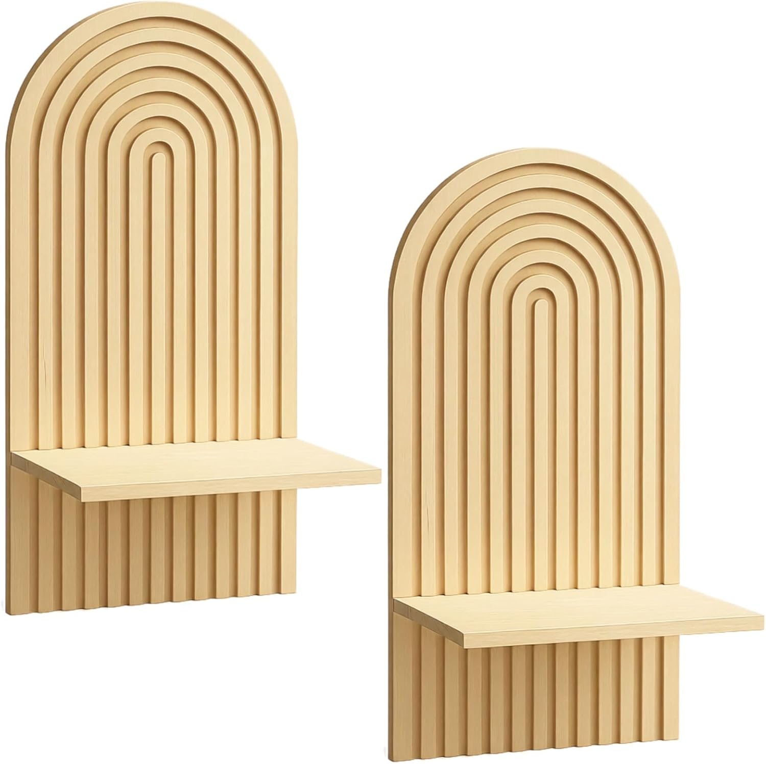 Boho Wood Wall Sconce Candle Holders, 2 Pcs, Arch Shelves, Farmhouse Wall Decor for Living Room Bedroom, Vertical Grooves Design, Wall Mounts
