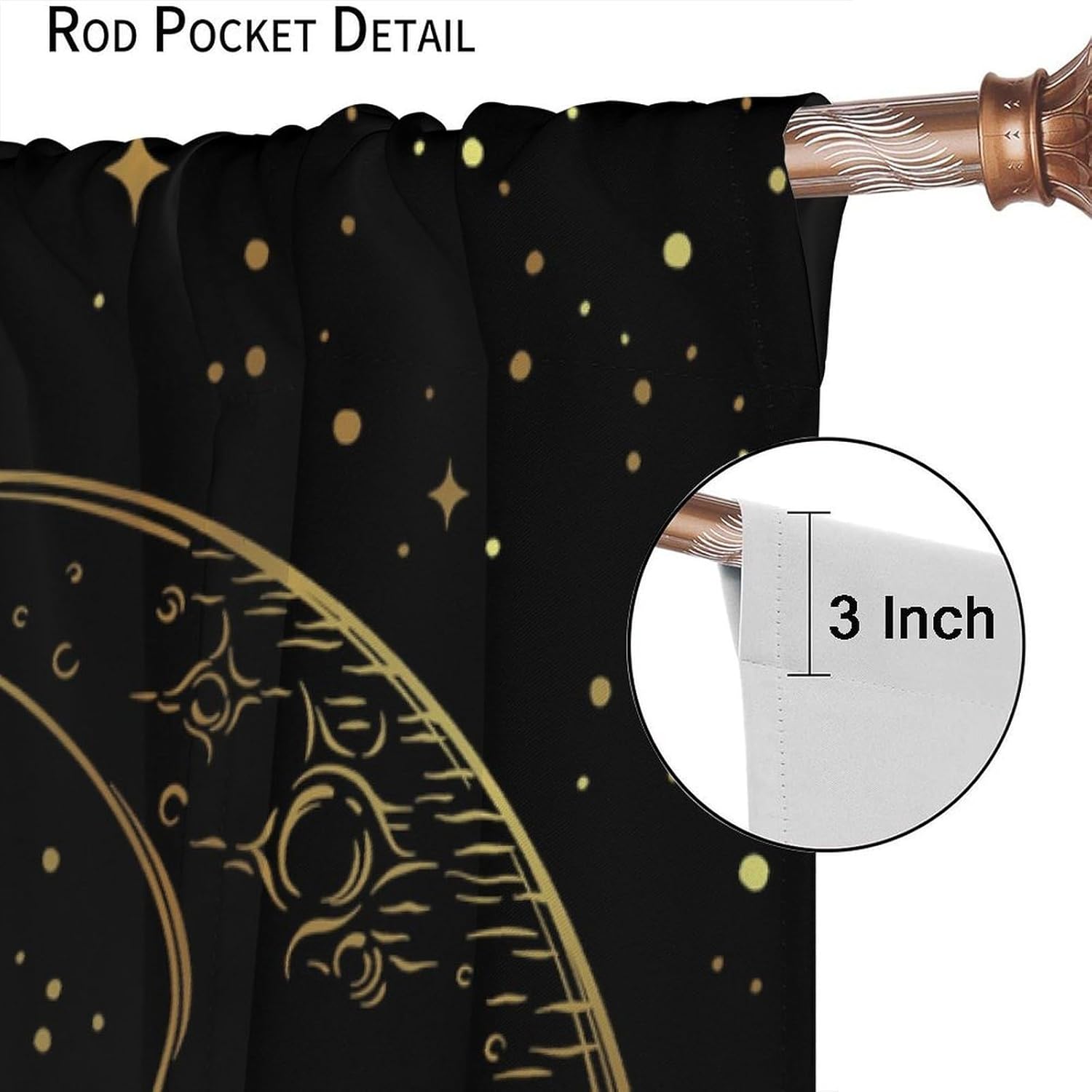 Boho Moon Curtain, Golden Moon Sun Stars Black Background Blackout Window Treatments, Rod Pocket Thermal Insulated Drapes 2 Panel Sets for Bedroom Living Room, 42" W X 63" L