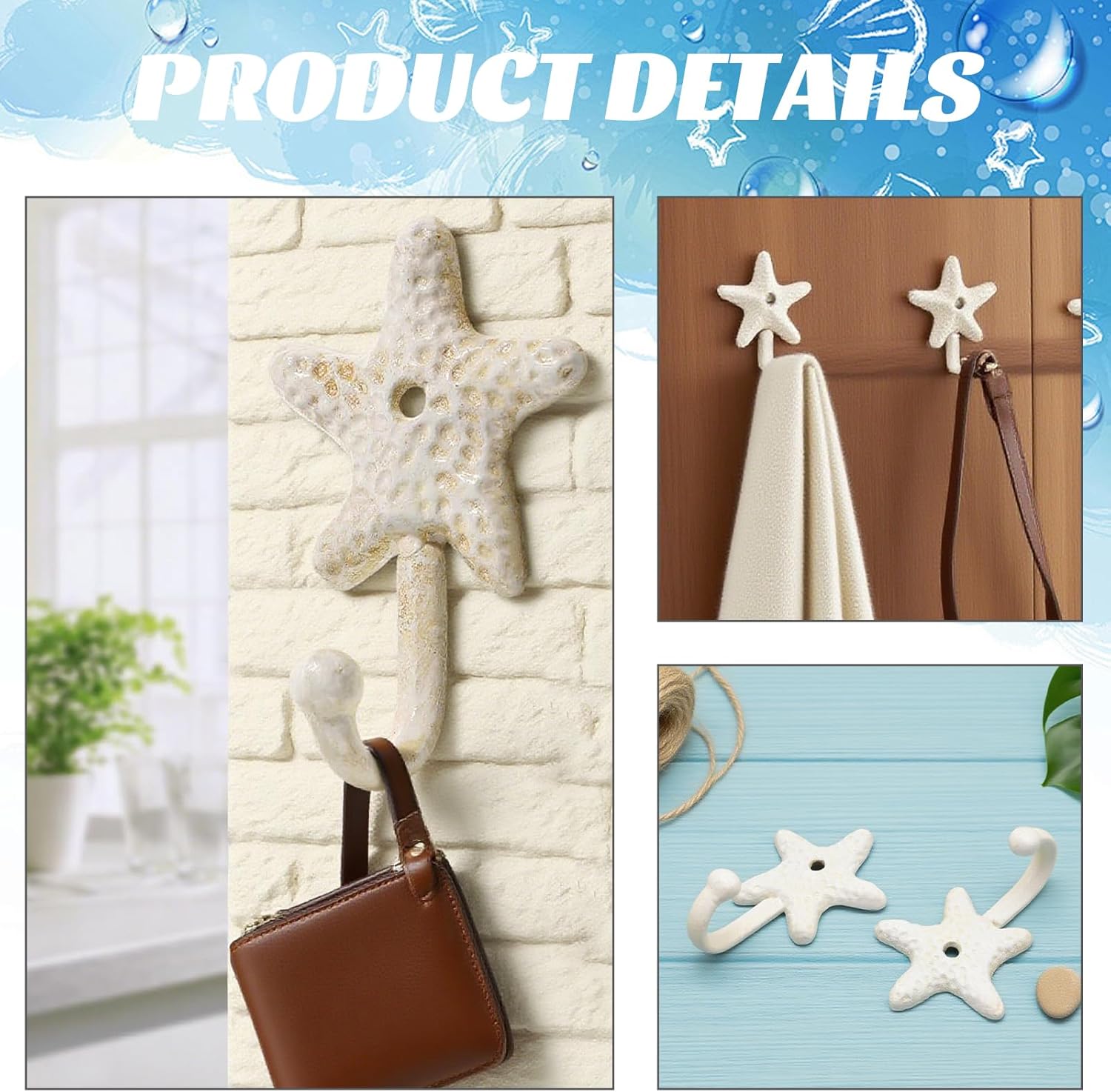 3Pcs Decorative Hooks, Cast Iron Star Fish Beach Themed Wall Hooks, for Bathrooms Kitchen Bedroom Hotel - Image 3