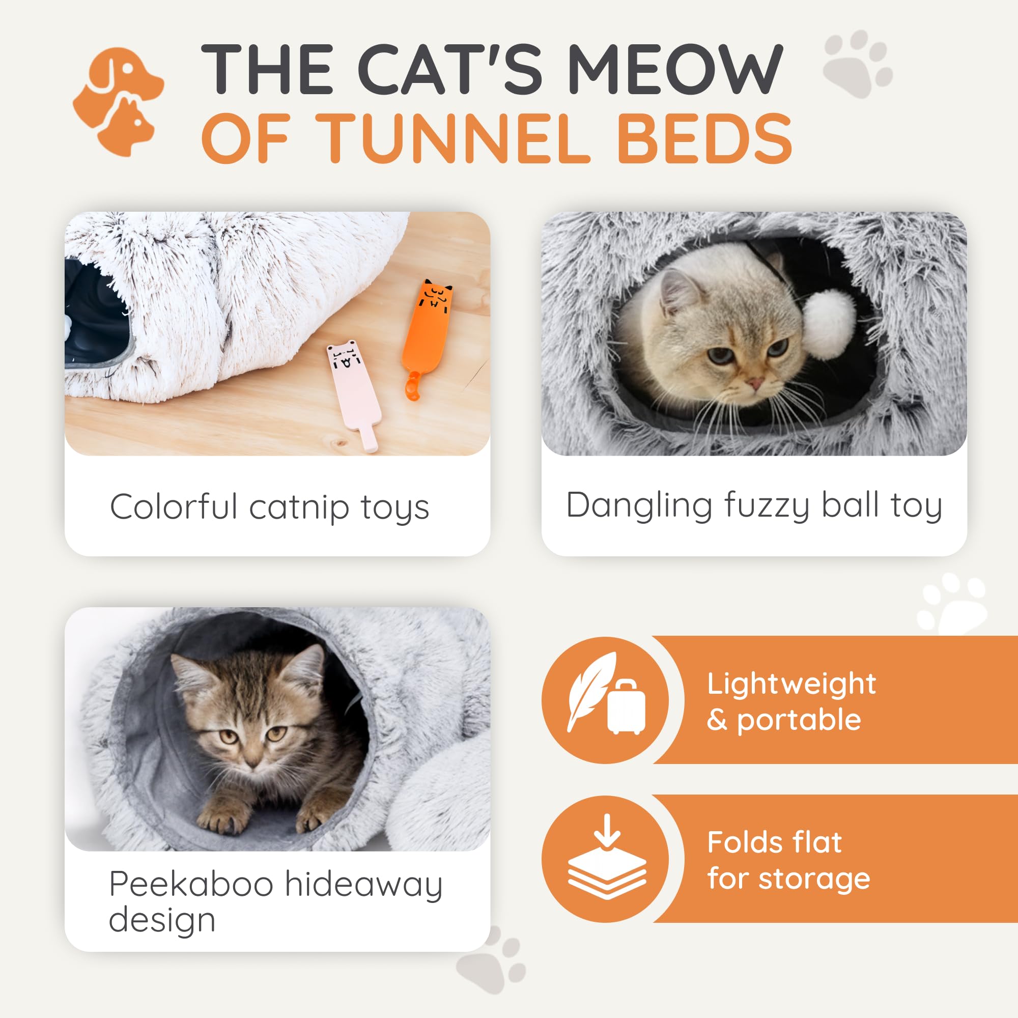 Cueva de cama para gatos con juguetes de hierba gatera, escondite para gatos Peekaboo y túnel de dona para gatos, túneles 3 en 1 para gatos de interior, cama plegable para gatos, lavable de
