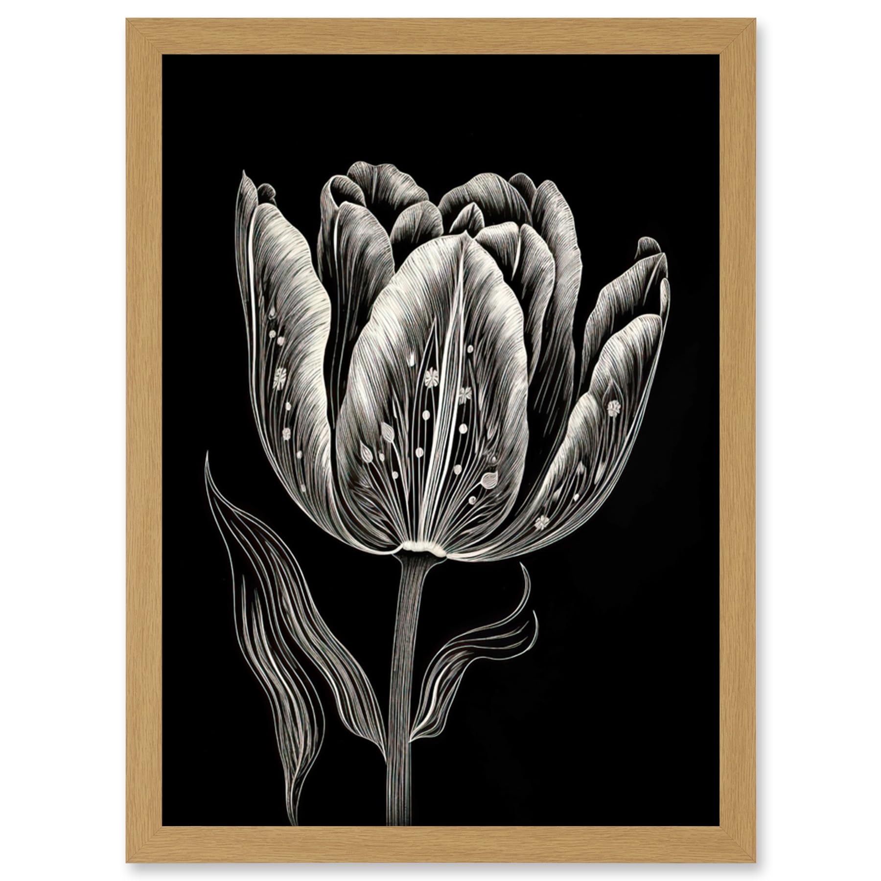 Artery8 Tulip Flower White on Black Blind Contour Folk Art Artwork Framed Wall Art Print A4