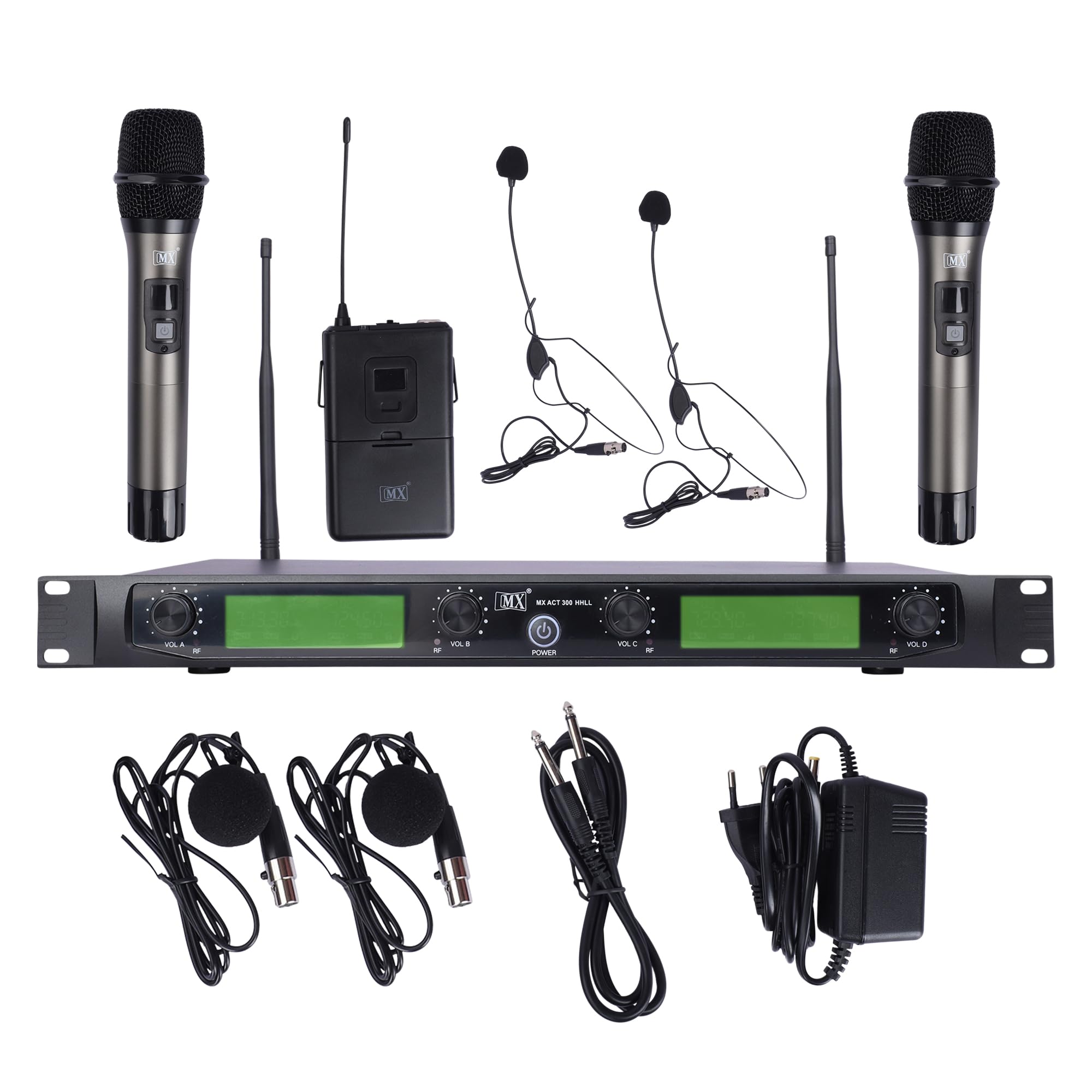 MX UHF 4 Channel Wireless Microphone System - 2 Handheld & 2 Lapel Body Pack Transmitter Microphones with Receiver - Fixed Frequency