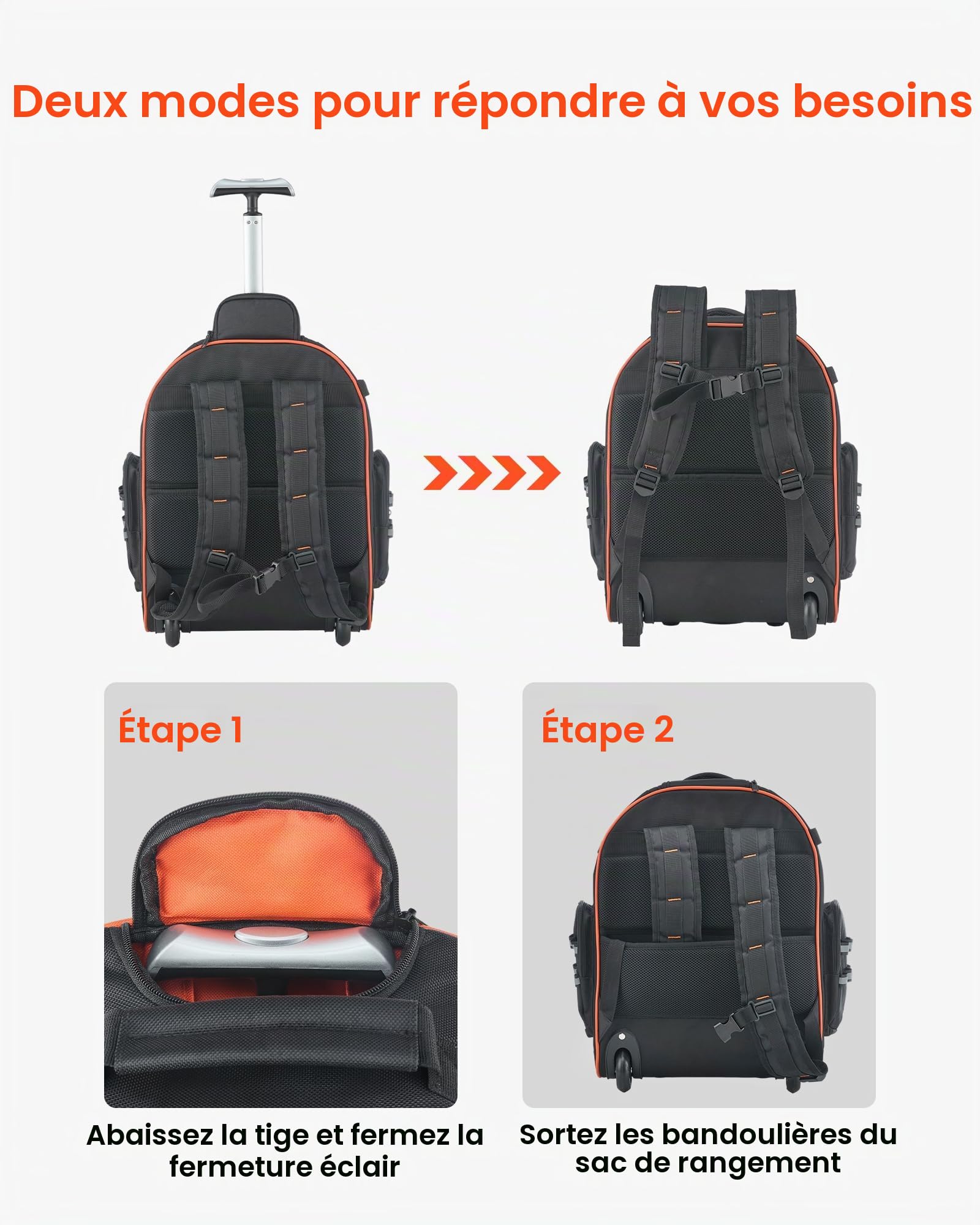 VEVOR Sac à Dos à Roulettes, Charge 50 kg, Sac à Outils, 44 x 25 x 48 cm, avec 45 Poches, Poignée Télescopique, Base Stable, Organisateur à Outils Robuste, pour Électriciens, Plombiers, Mécaniciens