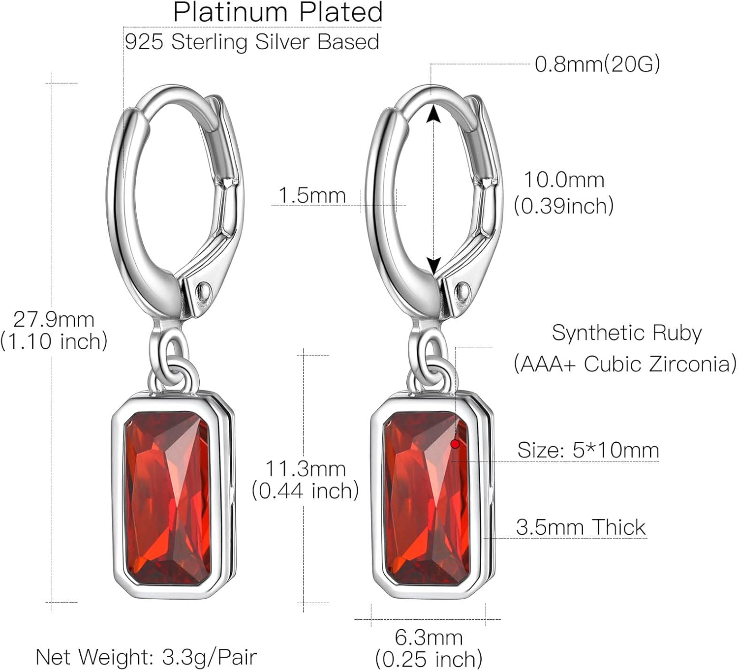 Suplight Sterling Silver Birthstone Drop Earrings for Women with Rectangular Baguette/Teardrop Crystal Huggie Hoop Dangle Silver Earring Jewelry for Birthday Wedding
