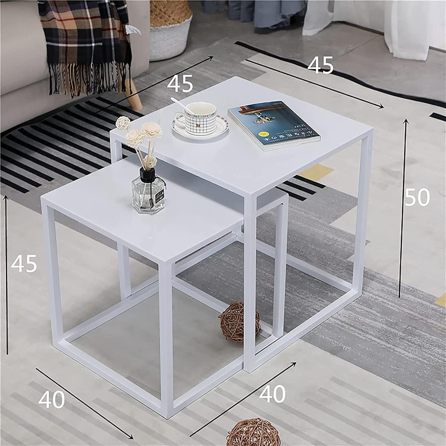 ZSH Nesting Coffee Table Set of 2，Living Room Sofa Side Table，Square Combination Wrought Iron Nesting Tables, for Living Room, Bedroom, Balcony Leisure Table (Color : White)