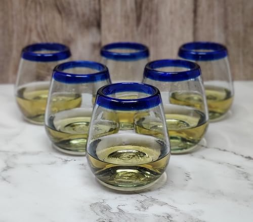 Miniatura 3 de Dos Sueños Copas de vino mexicanas sopladas a mano, juego de 6 vasos con bordes azul cobalto (15 onzas)