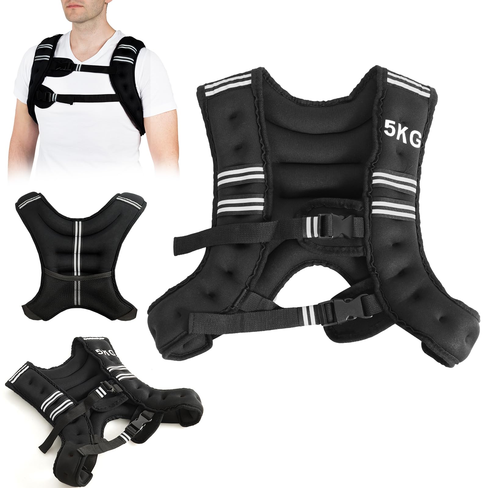 KOMFOTTEU Kamizelka obciążeniowa 5/9/15 kg, Neoprenowa kamizelka obciążeniowa do treningu siłowego, kamizelka do biegania z paskami odblaskowymi i regulowanymi paskami, czarna