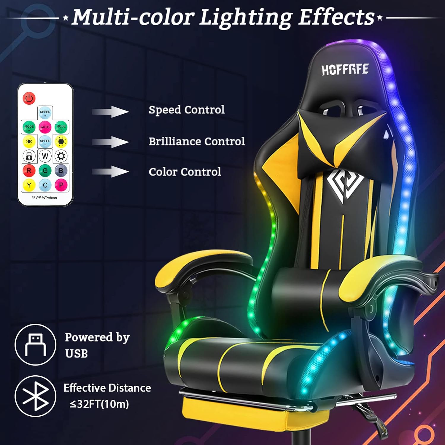Gaming chair with Bluetooth Speaker and LED RGB Lights Ergonomic Massage Computer Gaming Curse with Footrest High Back Music Video Game Chair with Lumbar Support yellow and black Gaming chair with Bluetooth Speaker and LED RGB Lights Ergonomic Massage Computer Gaming Curse with Footrest High Back Music Video Game Chair with Lumbar Support yellow and black