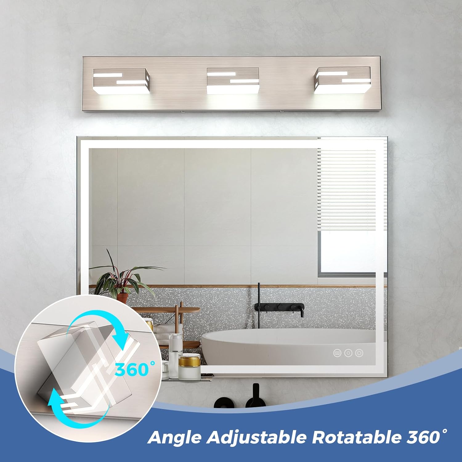 3-Light Modern Bathroom Vanity Light Fixtures, 24-Inch 350° Rotatable LED Vanity Lights Over Mirror, Dimmable 5500K Natural White Brushed Nickel Wall Sconce with Frosted Acrylic Shade