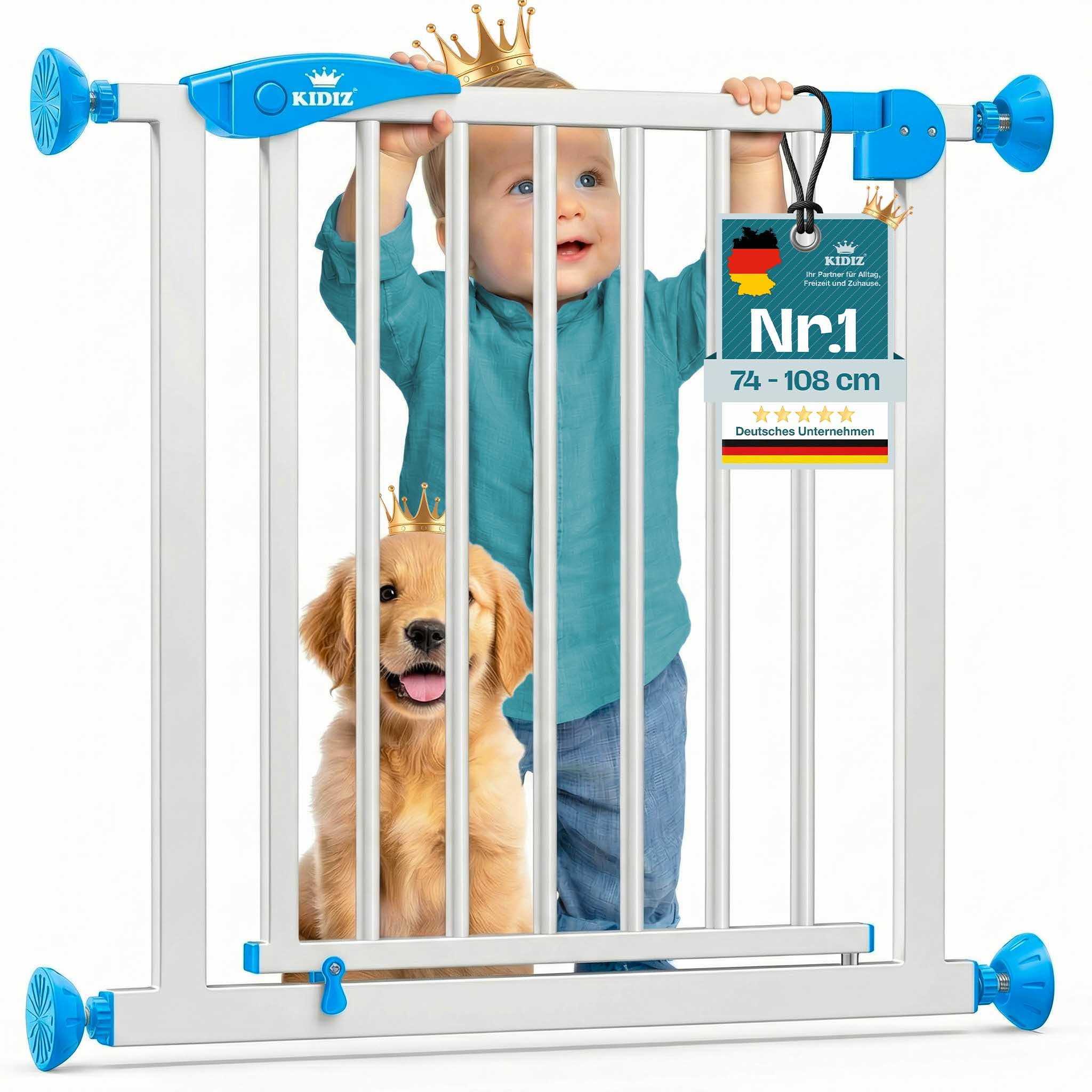 KIDIZ Treppenschutzgitter ohne Bohren | Verstellbare Breite: 88-94 cm, 75 cm hoch, Türschutzgitter und Absperrgitter für Kinder und Hunde, Beidseitige Einhand Öffnung, 90° Open-Stop System, Weiß/Blau