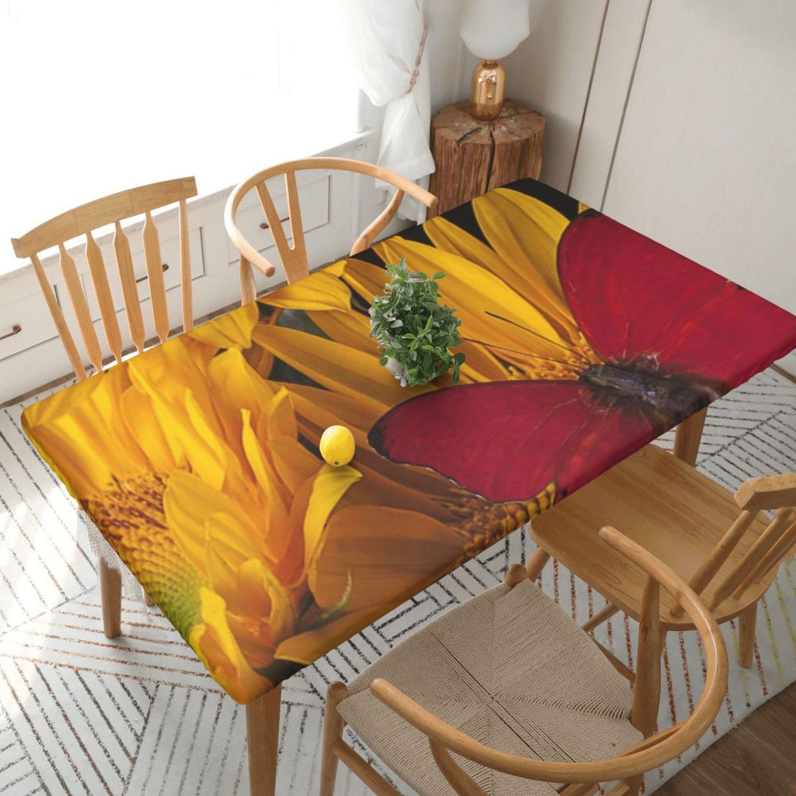 BNVSADC Yellow Sunflowers with Red Butterfly Printed 5FT Tablecloth Polyester Kitchen Water Resistant Table Cloth Dining Table Decoration Table Covers, 152x76 CM