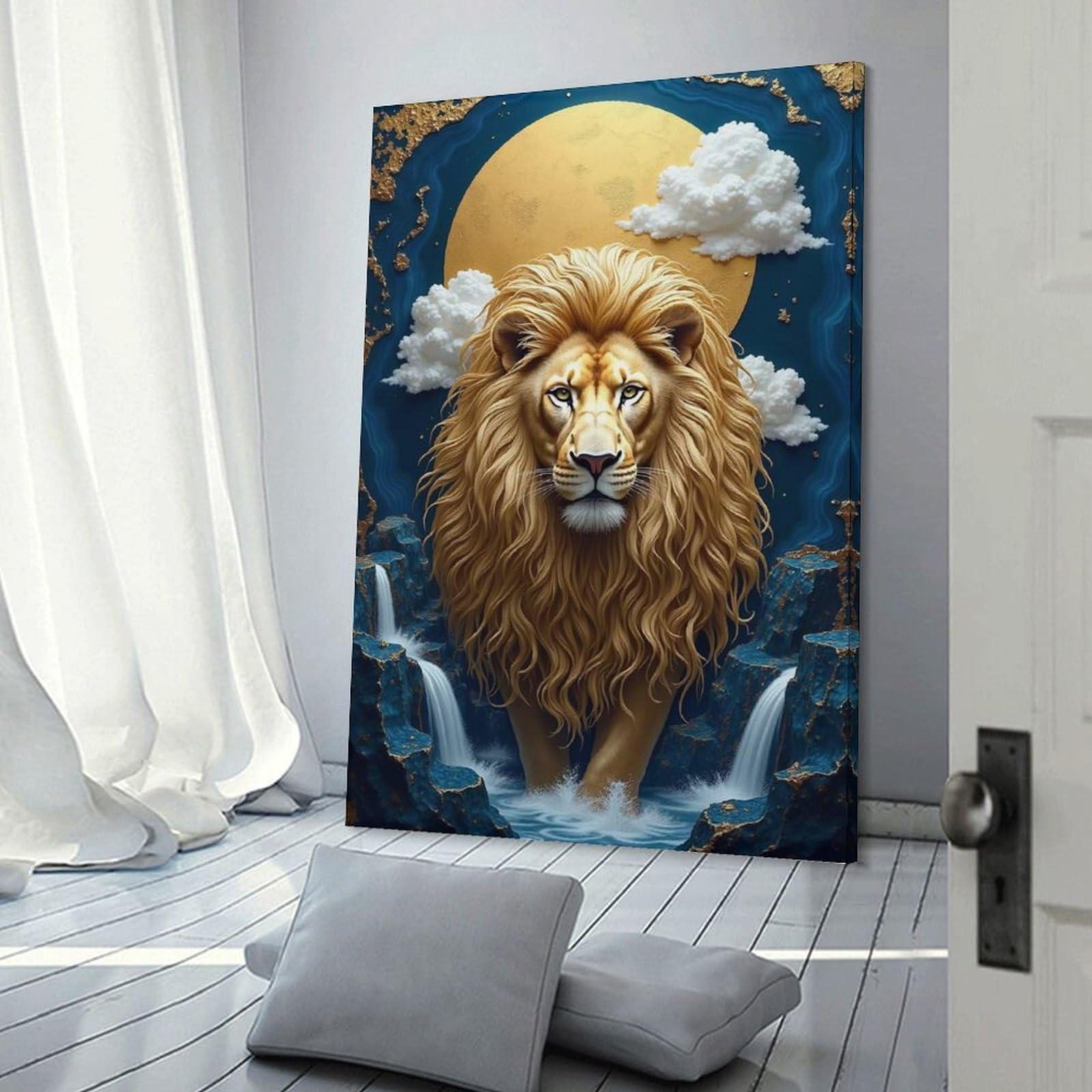 Junmoney Majestic Lion in A Celestial Waterfall Wall Picture Print, 08x12inch(20x30cm), for Flats, Guest Rooms Or Compact Rooms, Decorative Canvas Decor for Home Updates