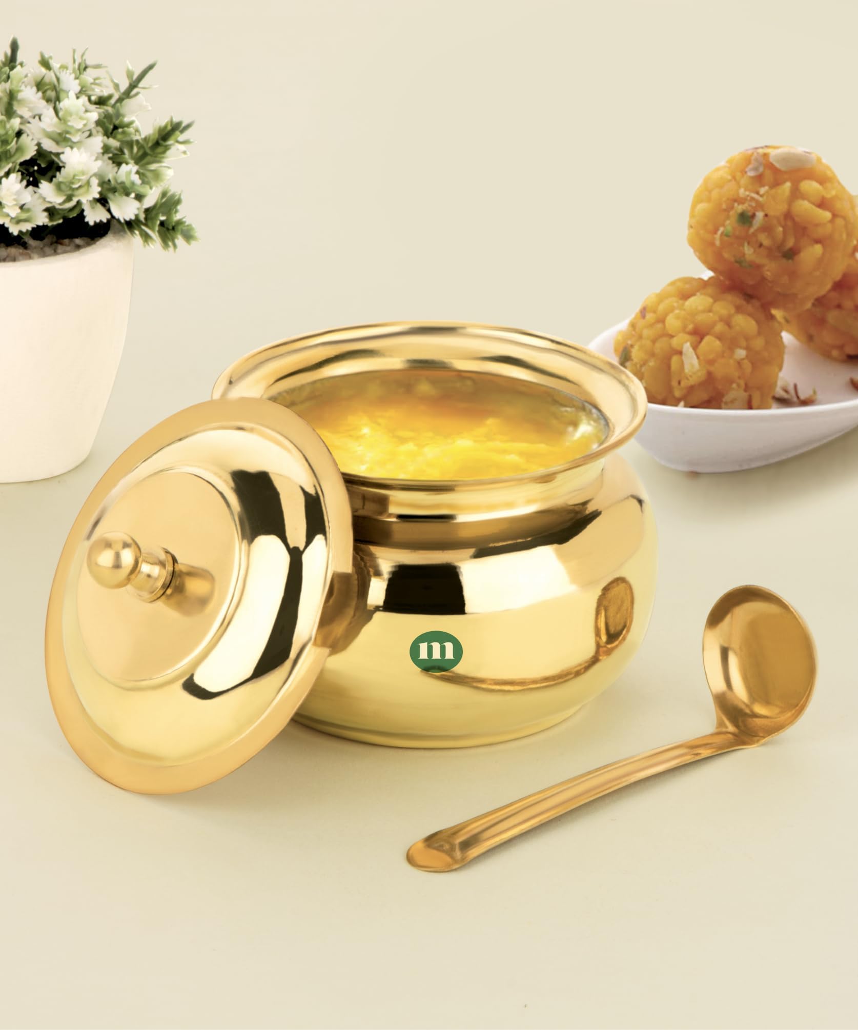 MARU Premium 300ml Brass Ghee Pot with Lid & Spoon – Classic Design for Ghee, Oils, and Kitchen Storage – Durable, Elegant, and Eco-Friendly Ghee Container For Kitchen
