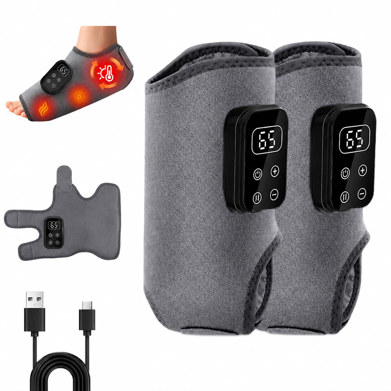 Fussmassagegerät,kabelloses elektrisches Fußmassagegerät für Schmerzlinderung & Durchblutung,3-in-1 Triple Therapy Foot Massager mit 2000mAh Akku,6 Heizstufen bis 65°C,Gesundheit Geschenk,2 Stück grau
