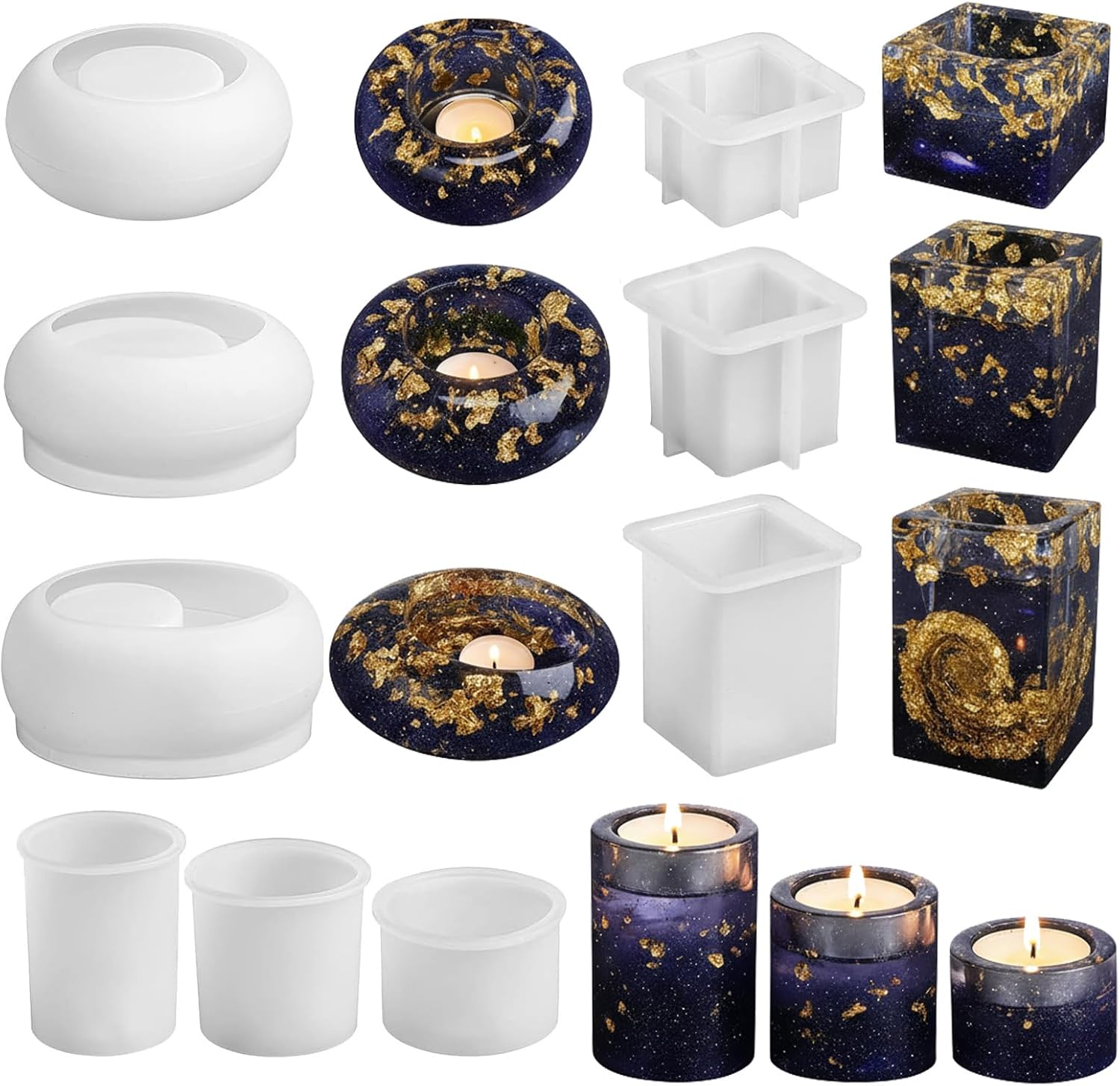 Tealight Candle Holder Resin Molds Silicone, 9 Pcs Cylindrical Square and Round Tealight Holder Molds for Resin Beginners DIY Dining Table Centerpiece Home Wedding Decorations