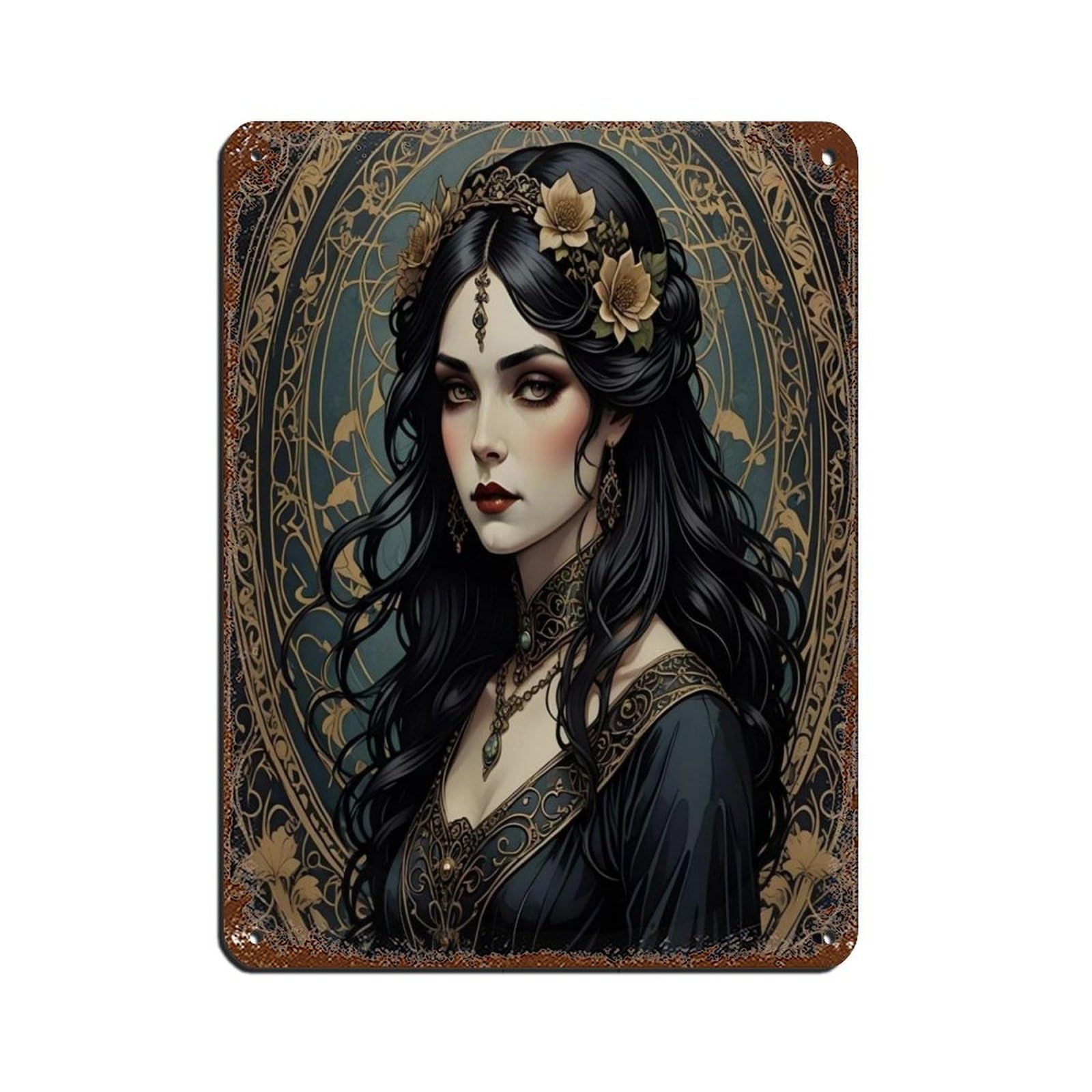 Art Nouveau Gothic Girl Portrait Poster Retro Poster Metal Tin Sign Chic Art Retro Iron Painting Bar People Cave Cafe Family Garage Poster Wall Decoration 12x16inch(30x40cm)