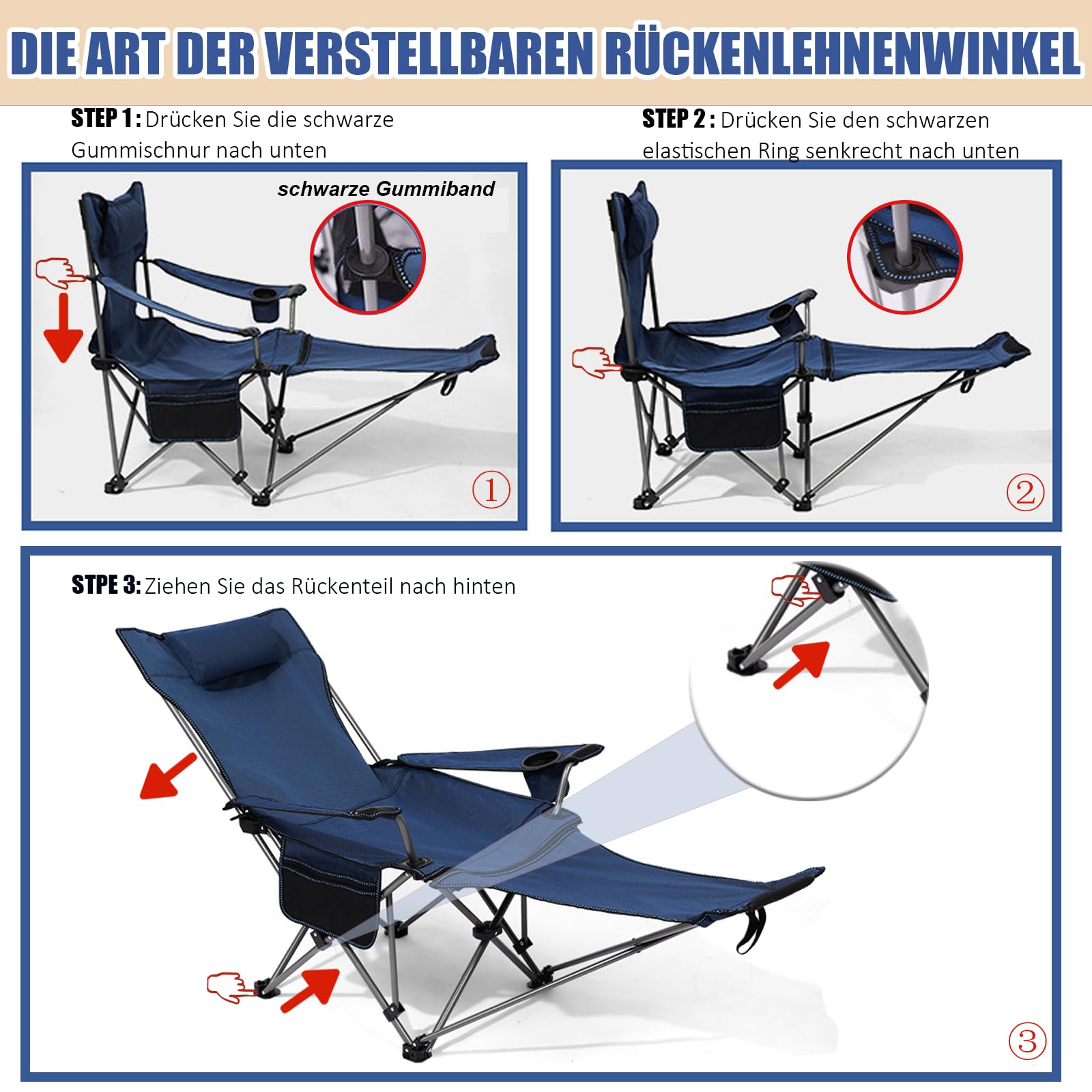 Chaise de Camping Pliante avec Repose-Pieds, Porte-gobelet, Chaise Longue d'extérieur réglable avec Tissu en Maille, Bleu