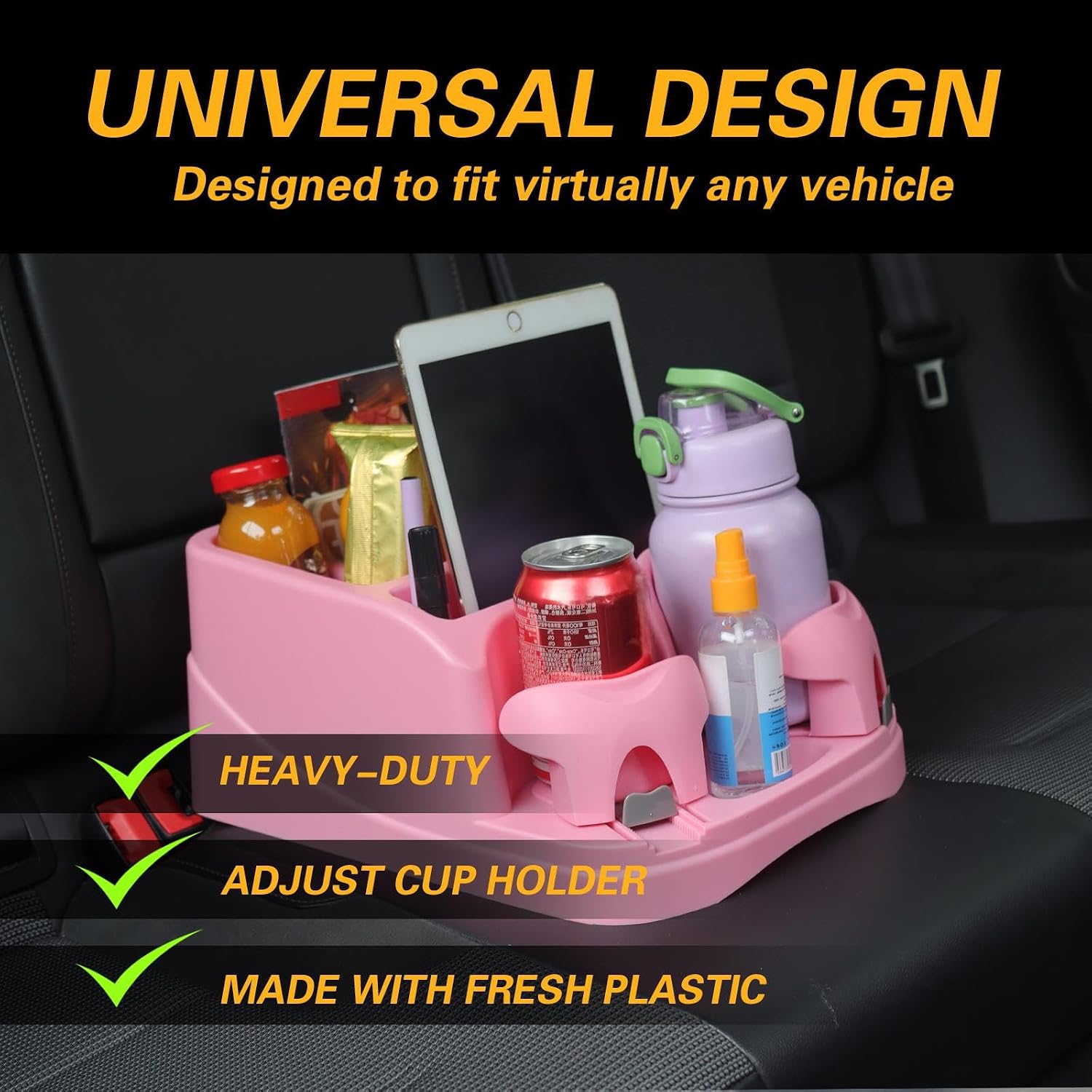 Big Plastic Console for Cars, Trucks, Minivans, SUVs with 2 Adjustable Drink Cup Holders pad Book Holder, Back Bench and Front Seat or Floor Middle Console Universal Vehicle Organizer Pink