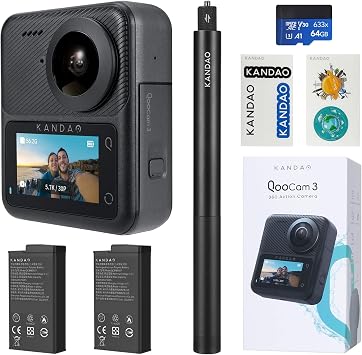 KanDao Qoocam 3 Action Camera, 5.7K, 62MP, Wearable Camera, 360  Sports Camera, Dual 1/1.55" Sensors, 60fps, Video Camera, Image Stabilization, 360  Horizontal Maintenance, Time Lapse Night Photography, Selfie Stick Included, 64GB SD Card/Battery Included