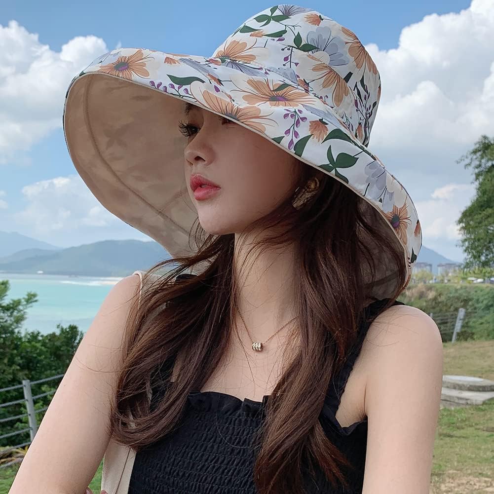 Reversible Floral Sun Hats UV Protection UPF Packable Wide Brim Chin Strap Women - Image 3