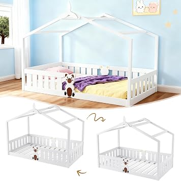 White Toddler House Bed 90x200cm, Pinewood Montessori Bed with Guardrails