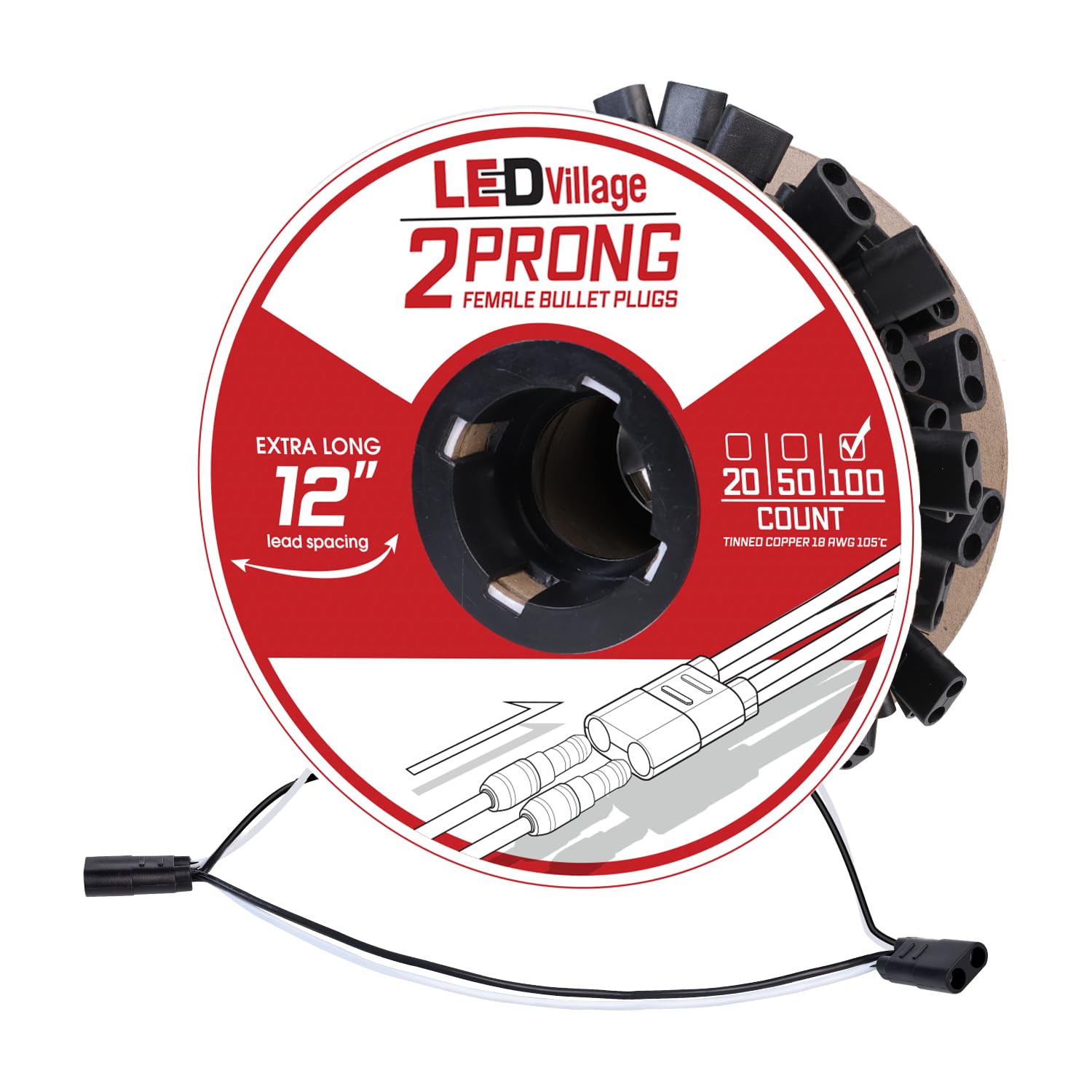 Wire Harness Roll 100 Counts Extra Long 12" Spacing on Lead, 2-Prong Double Female Bullet Plugs 18 AWG - 100 ft. for LED Marker Lights Truck Trailer Semi-Truck RV