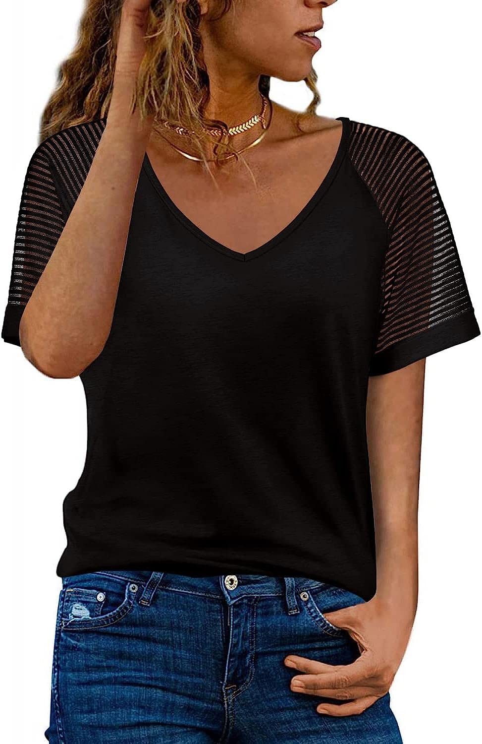 Ranphee Camiseta Mujer Manga Corta Cuello en V de Verano Sueltas Tops
