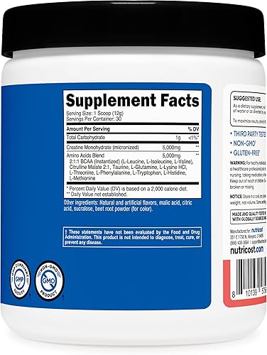 Miniatura 5 de Nutricost Creatina + Aminos 30 porciones (sabor a sandía)  5,000 mg de monohidrato de creatina + 5000 mg de mezcla de amino BCAA por porción